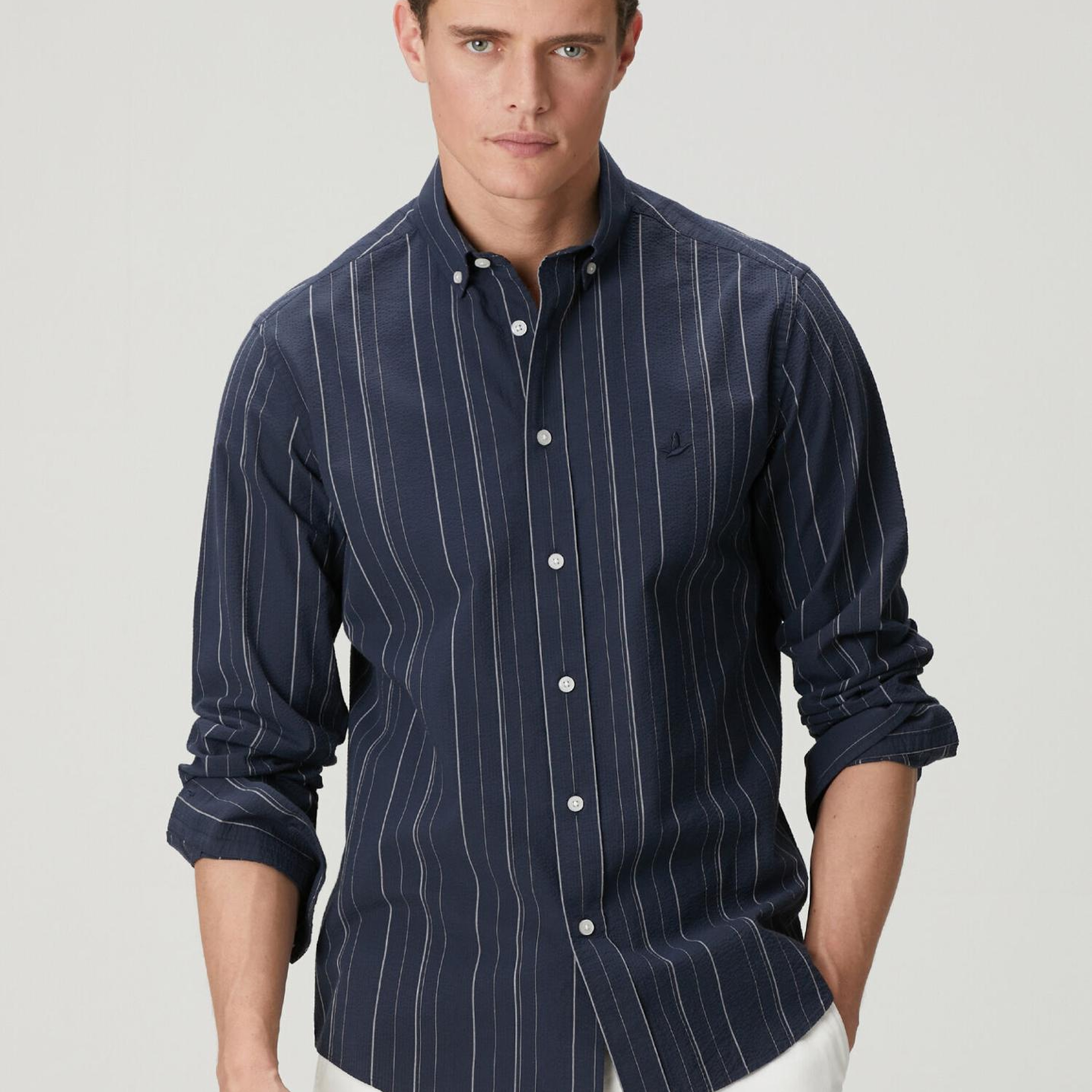 Beymen Club Erkek Comfort Fit Lacivert Çizgi Desenli Gofreli Gömlek