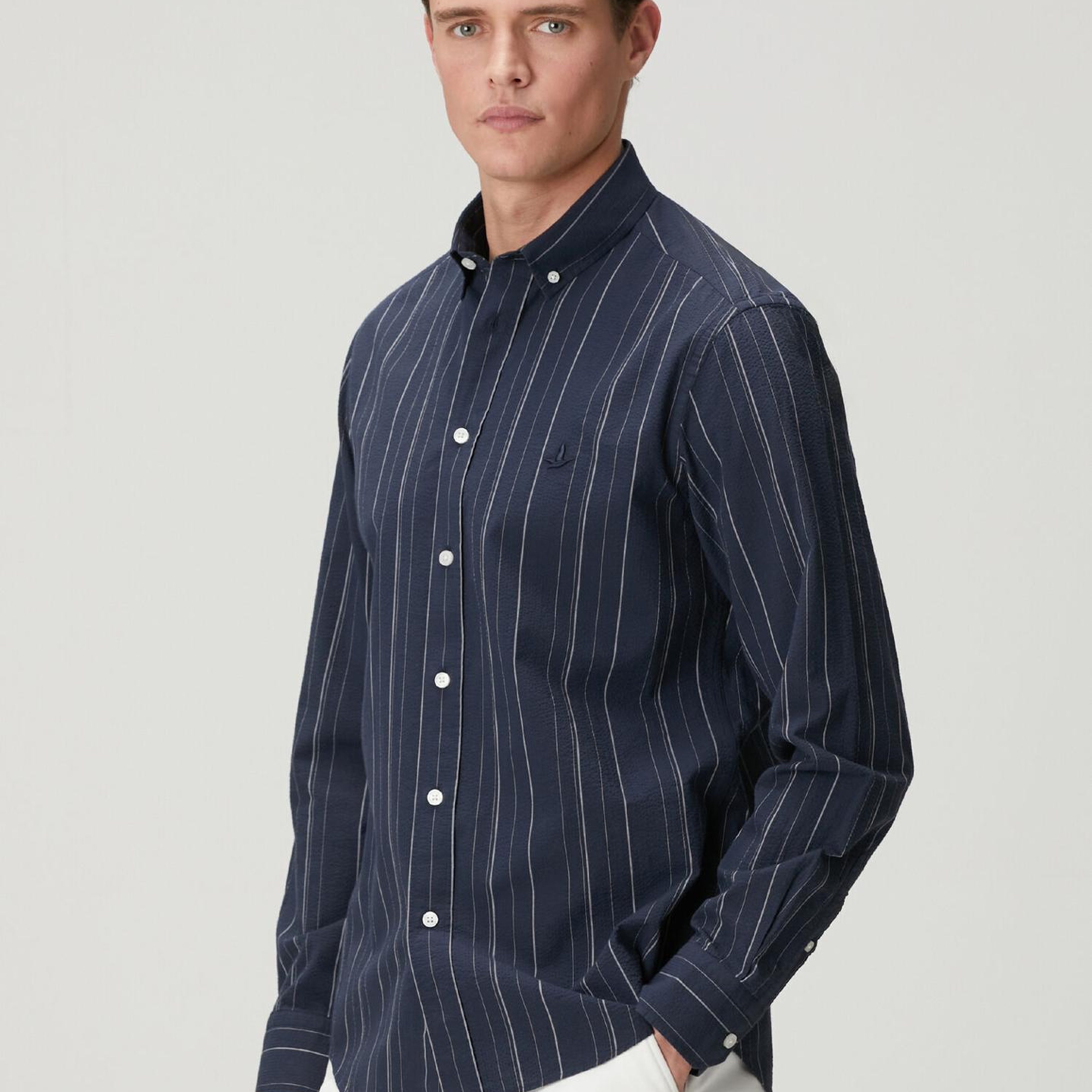 Beymen Club Erkek Comfort Fit Lacivert Çizgi Desenli Gofreli Gömlek