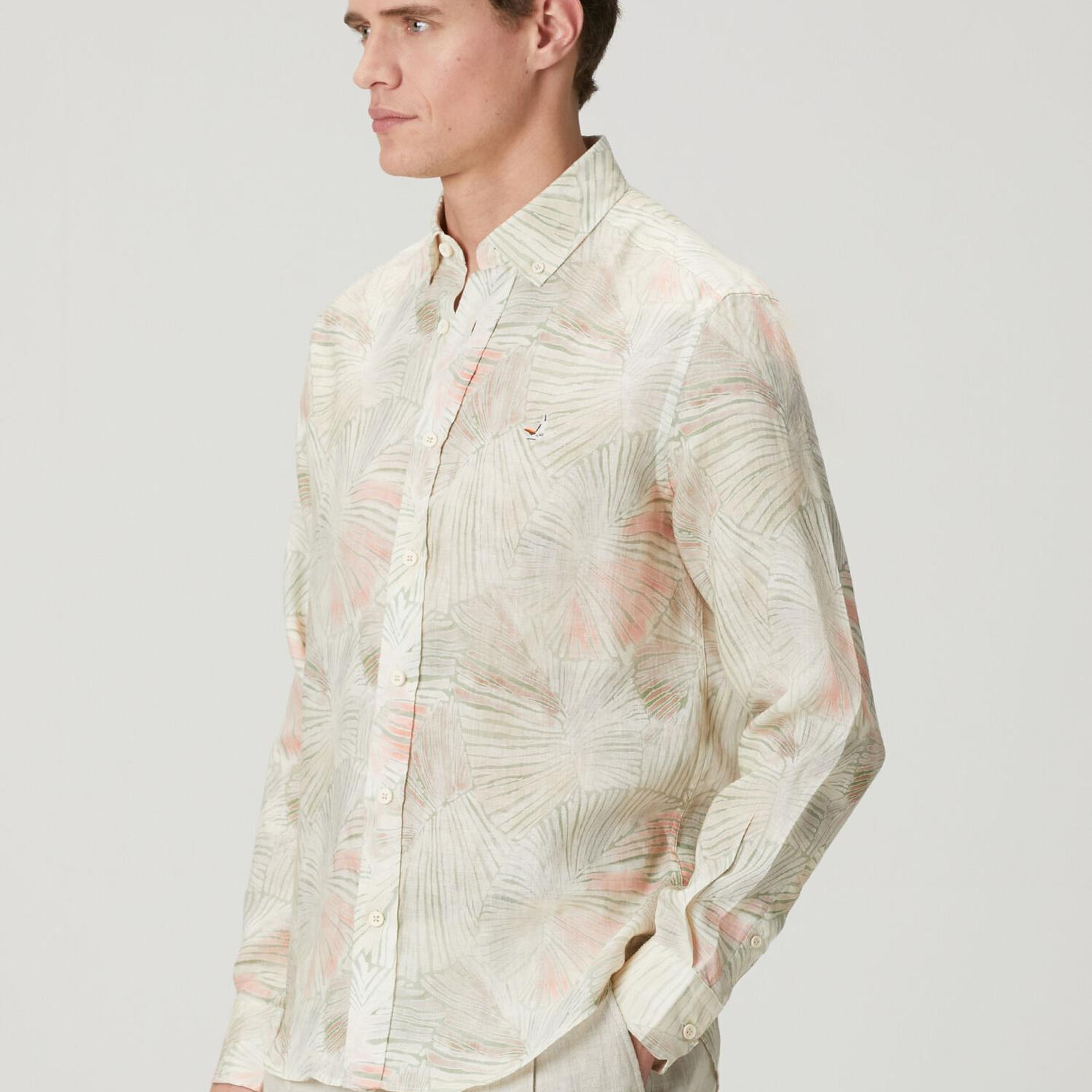 Beymen Club Erkek Comfort Fit Yeşil Yaprak Desenli Keten Gömlek