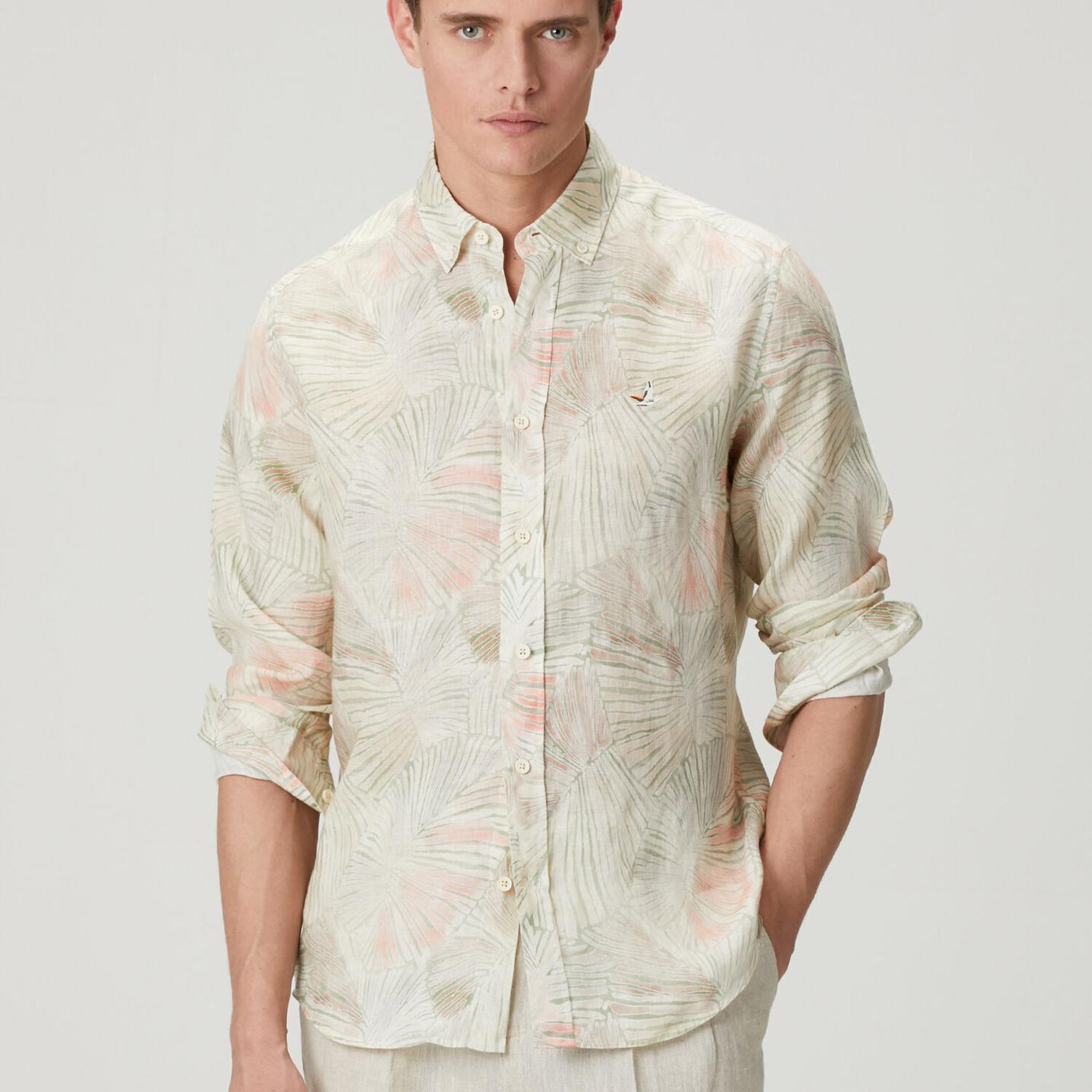 Beymen Club Erkek Comfort Fit Yeşil Yaprak Desenli Keten Gömlek
