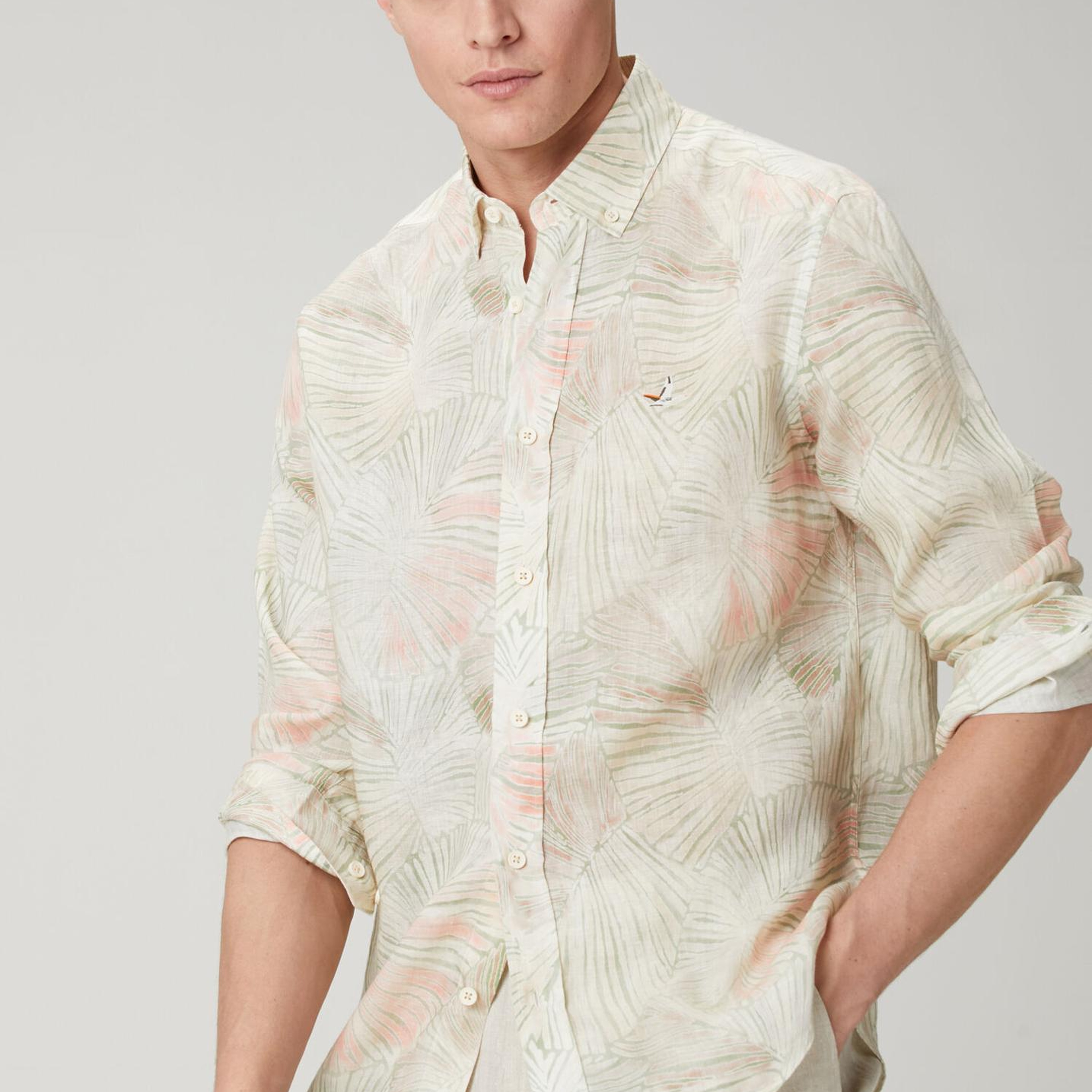 Beymen Club Erkek Comfort Fit Yeşil Yaprak Desenli Keten Gömlek