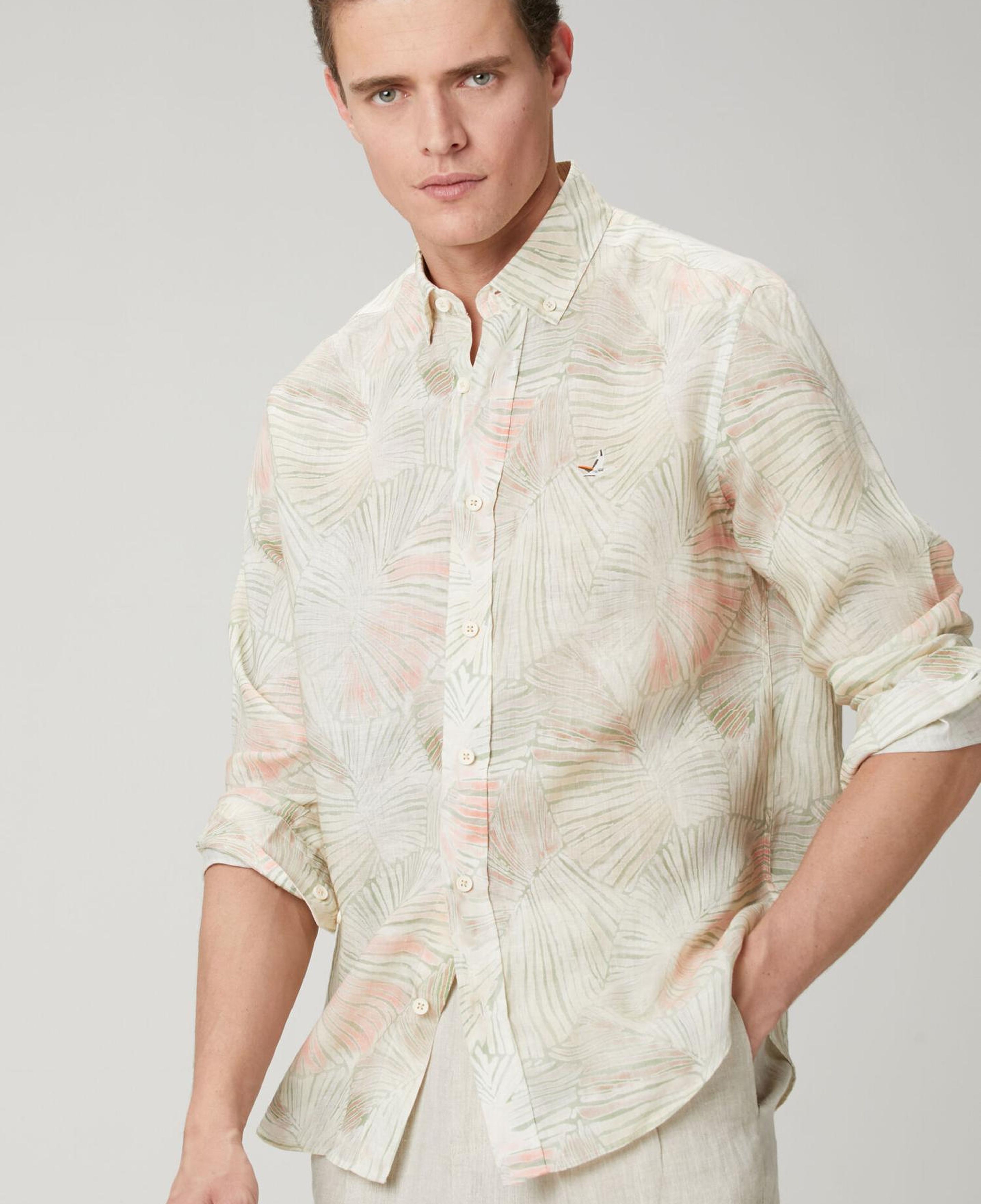 Beymen Club Erkek Comfort Fit Yeşil Yaprak Desenli Keten Gömlek