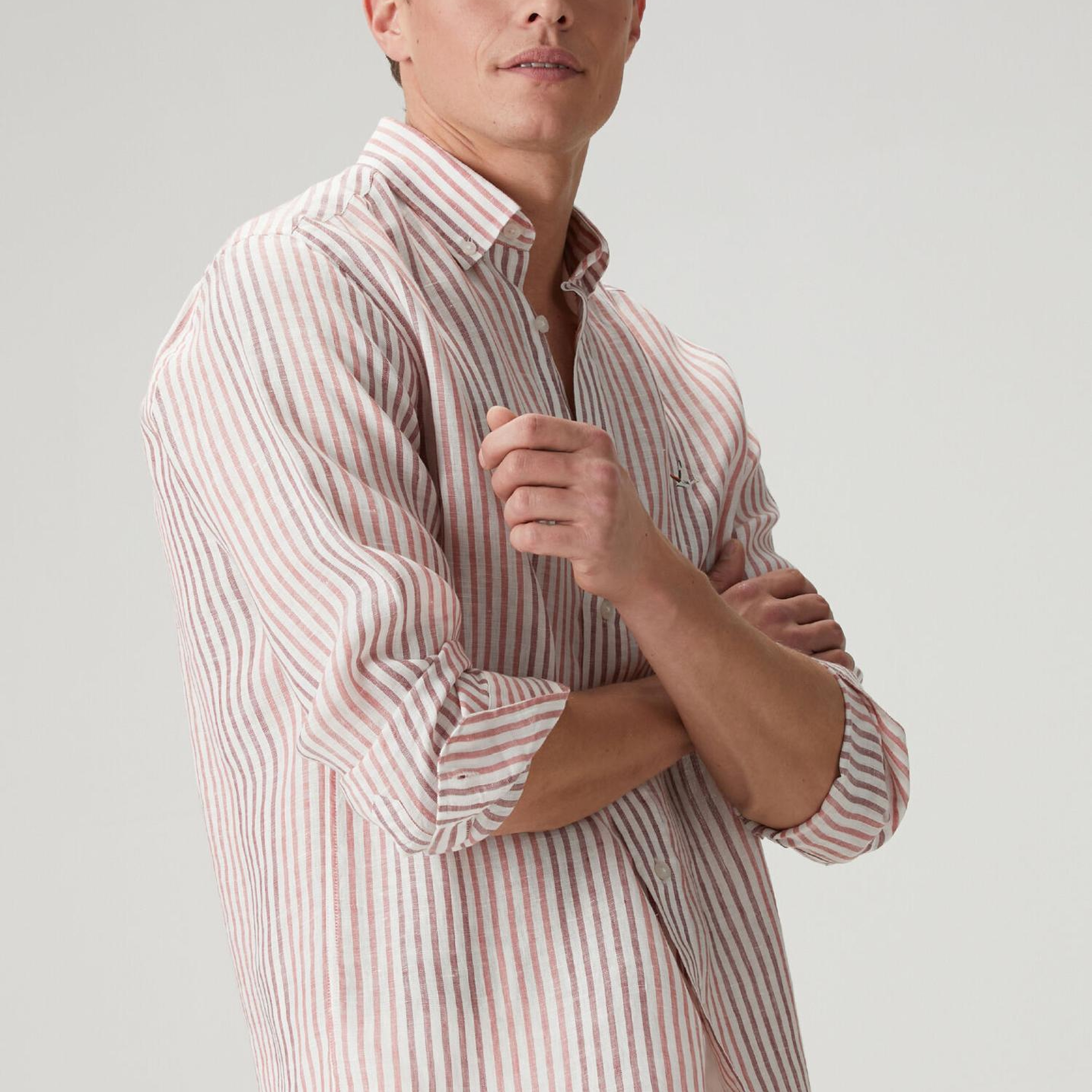 Beymen Club Erkek Comfort Fit Beyaz Bordo Çizgi Desenli Keten Gömlek