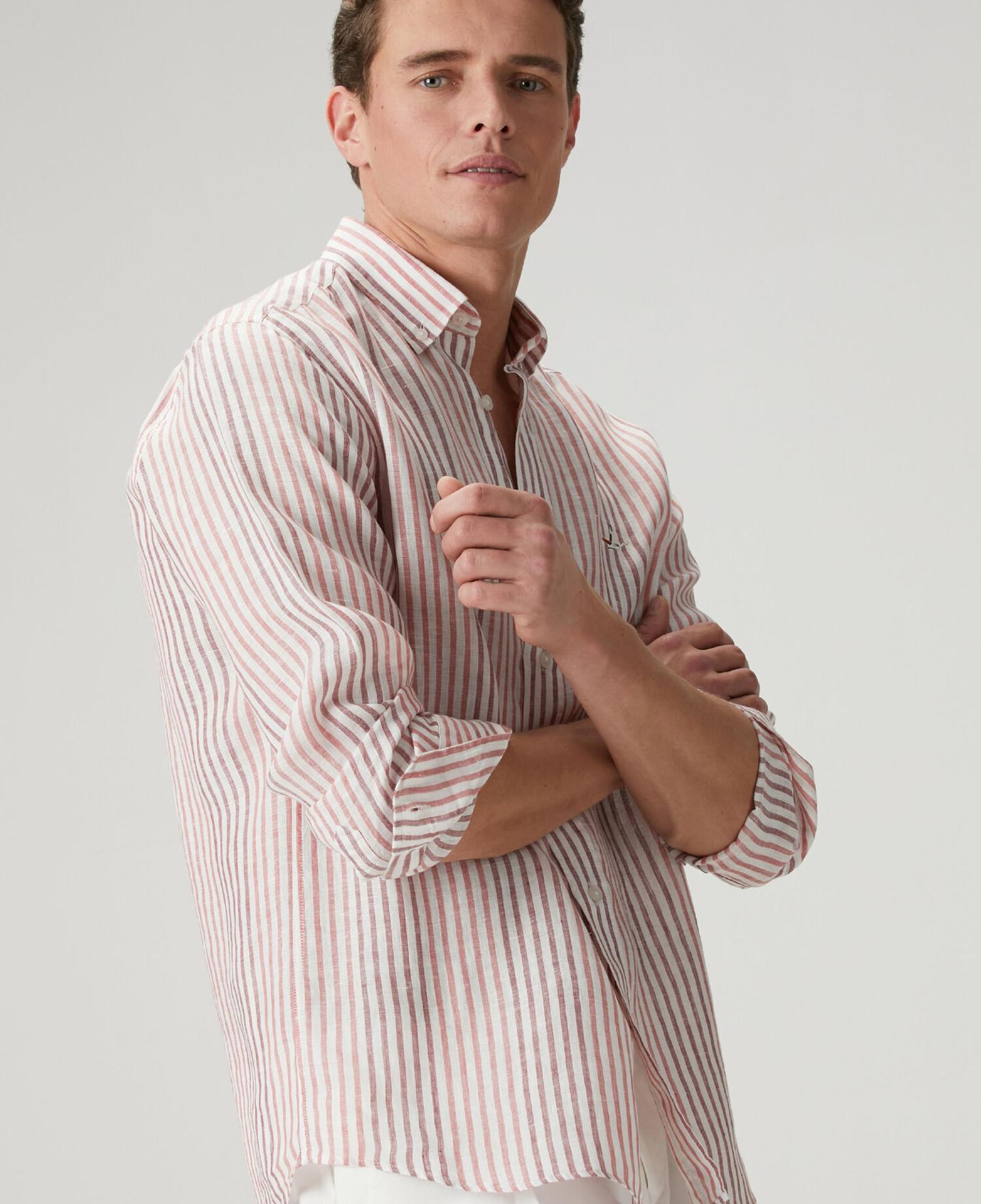 Beymen Club Erkek Comfort Fit Beyaz Bordo Çizgi Desenli Keten Gömlek