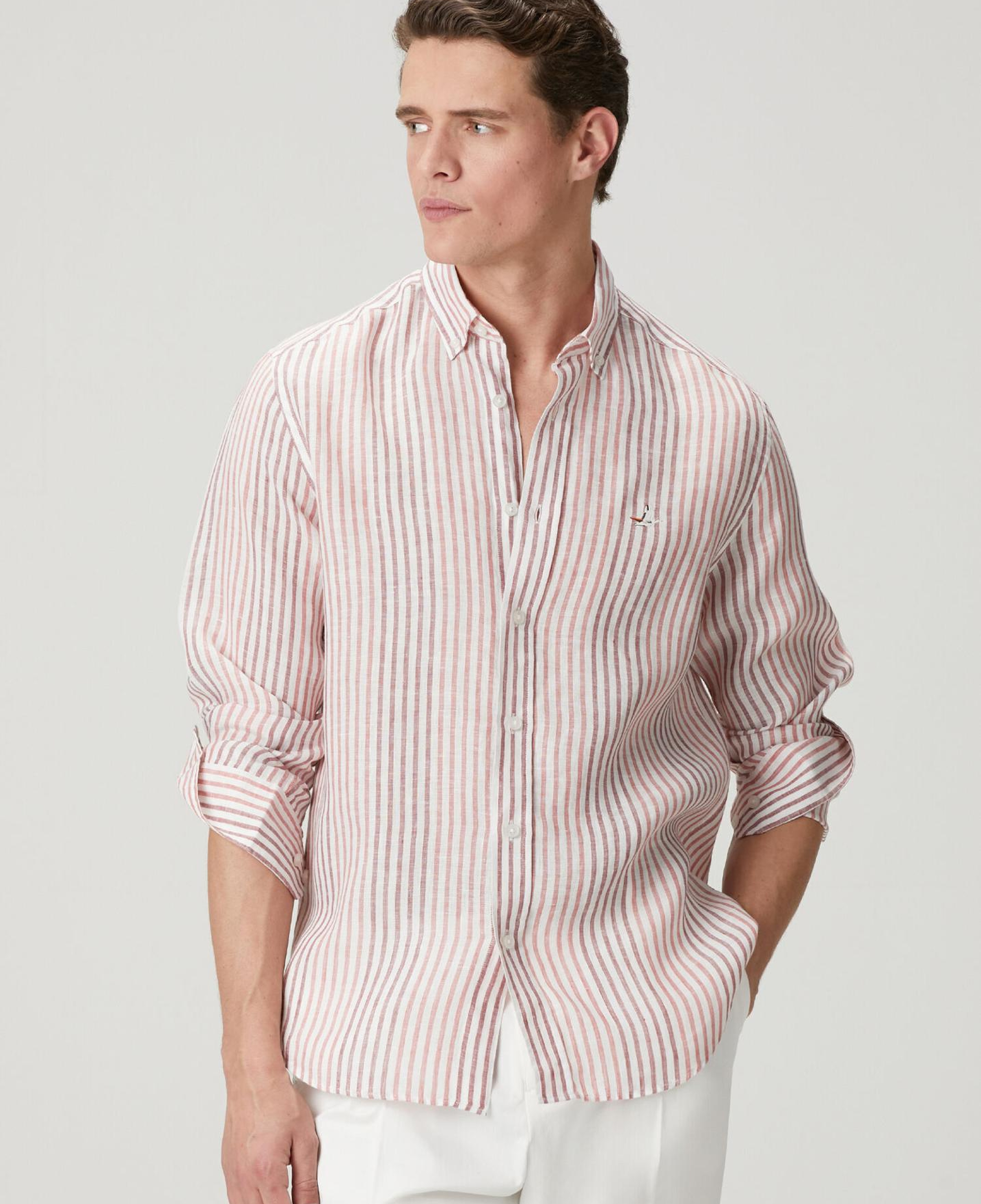 Beymen Club Erkek Comfort Fit Beyaz Bordo Çizgi Desenli Keten Gömlek