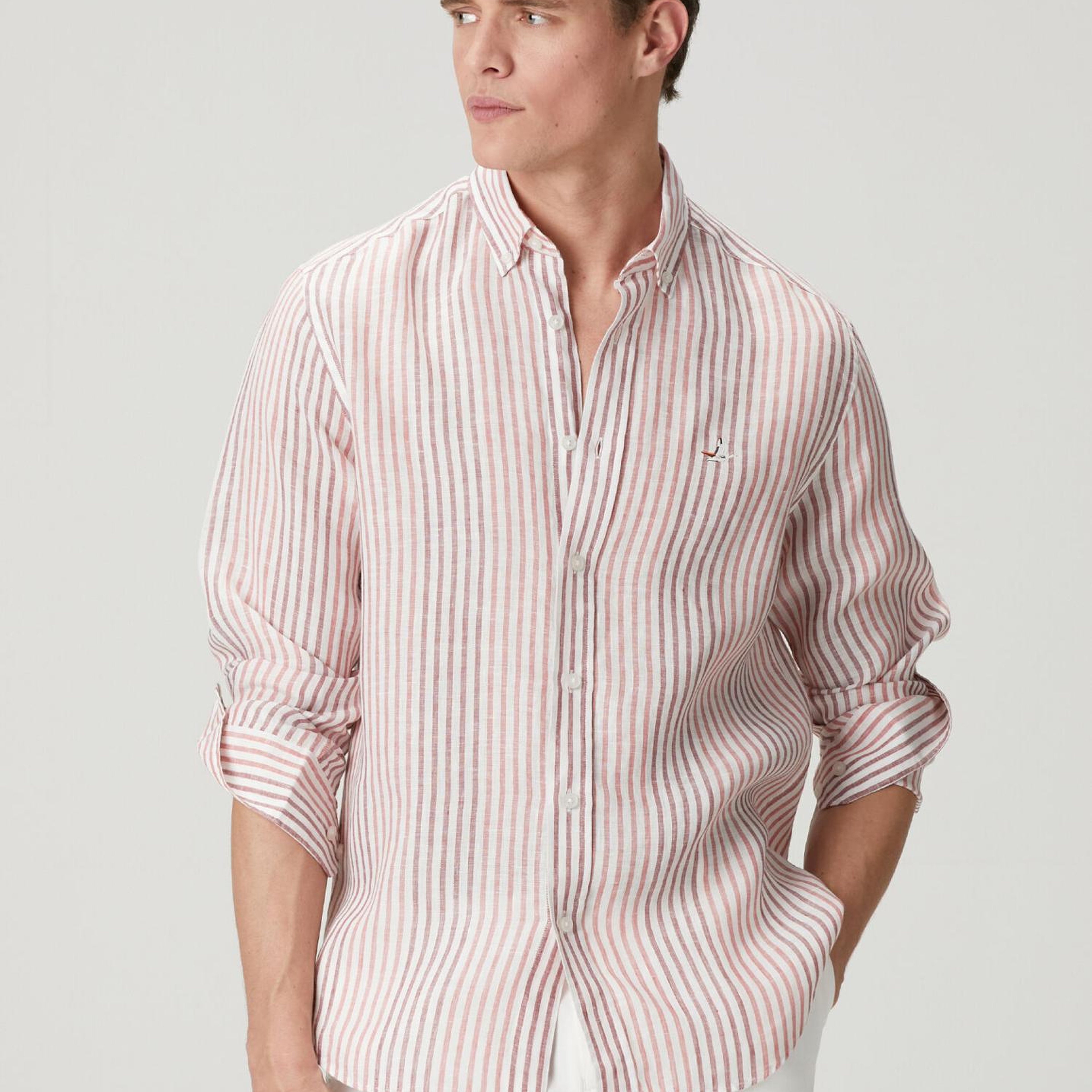 Beymen Club Erkek Comfort Fit Beyaz Bordo Çizgi Desenli Keten Gömlek