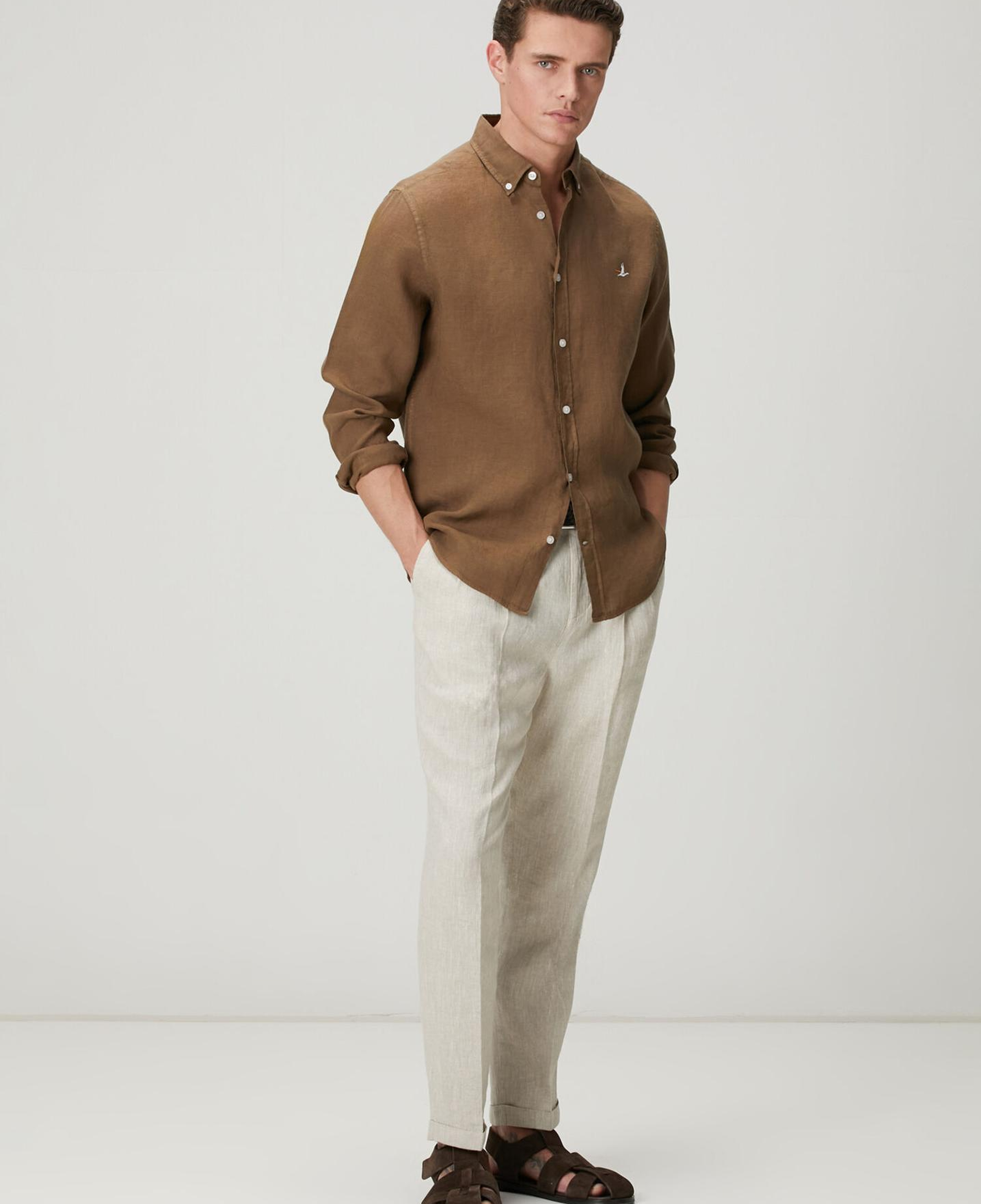 Beymen Club Erkek Comfort Fit Kahverengi Keten Gömlek