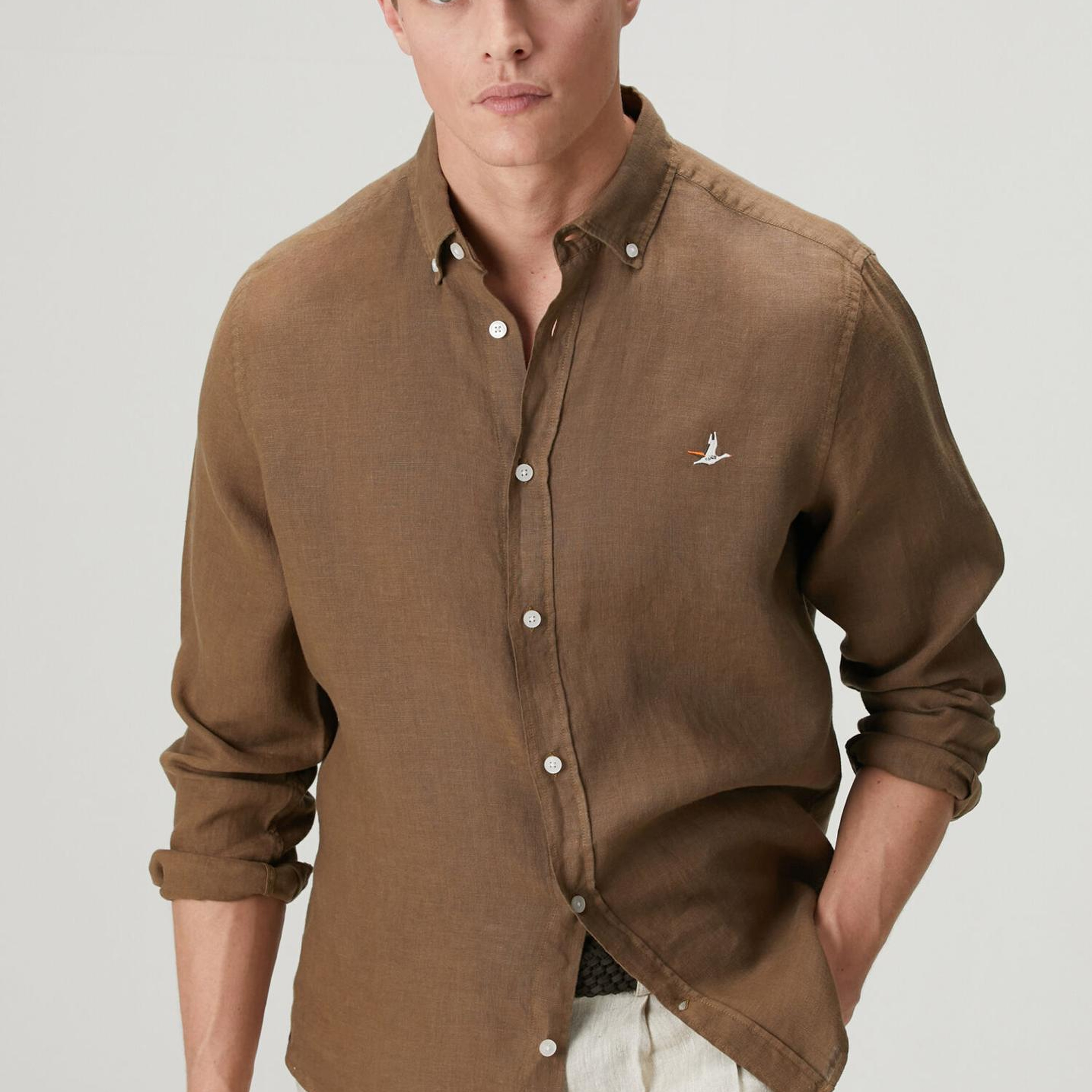 Beymen Club Erkek Comfort Fit Kahverengi Keten Gömlek