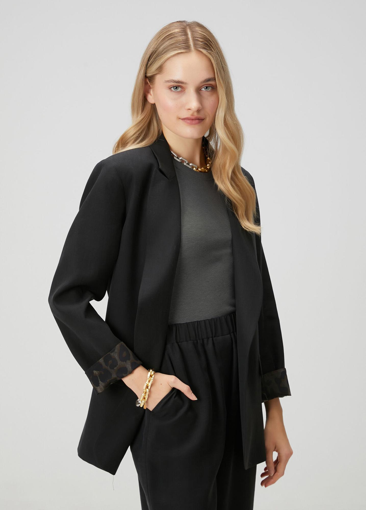 Beymen Club Kadın Siyah Kol Ucu Leopar Desenli Blazer