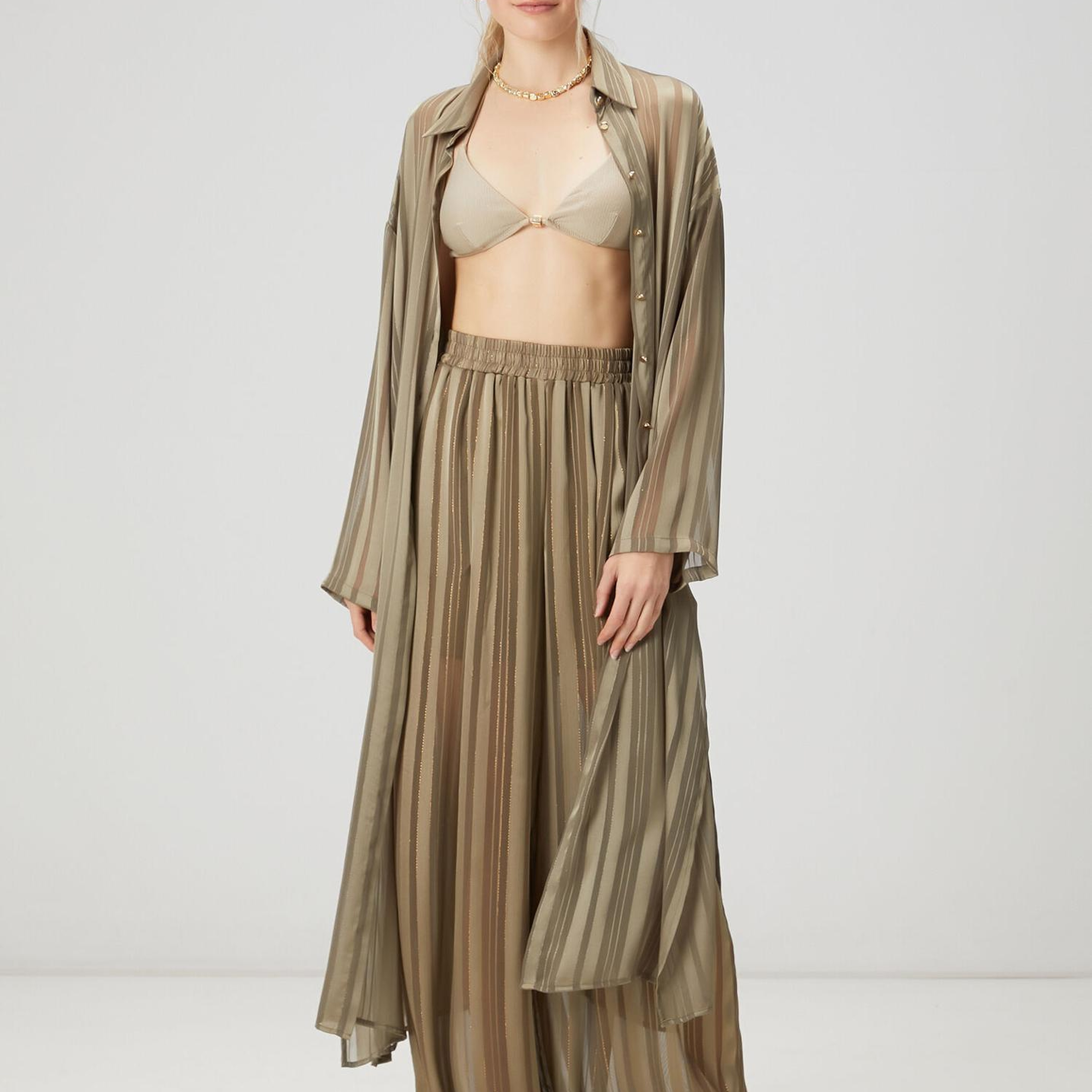 Beymen Club Kadın Haki Çizgili Transparan Palazzo Pantolon