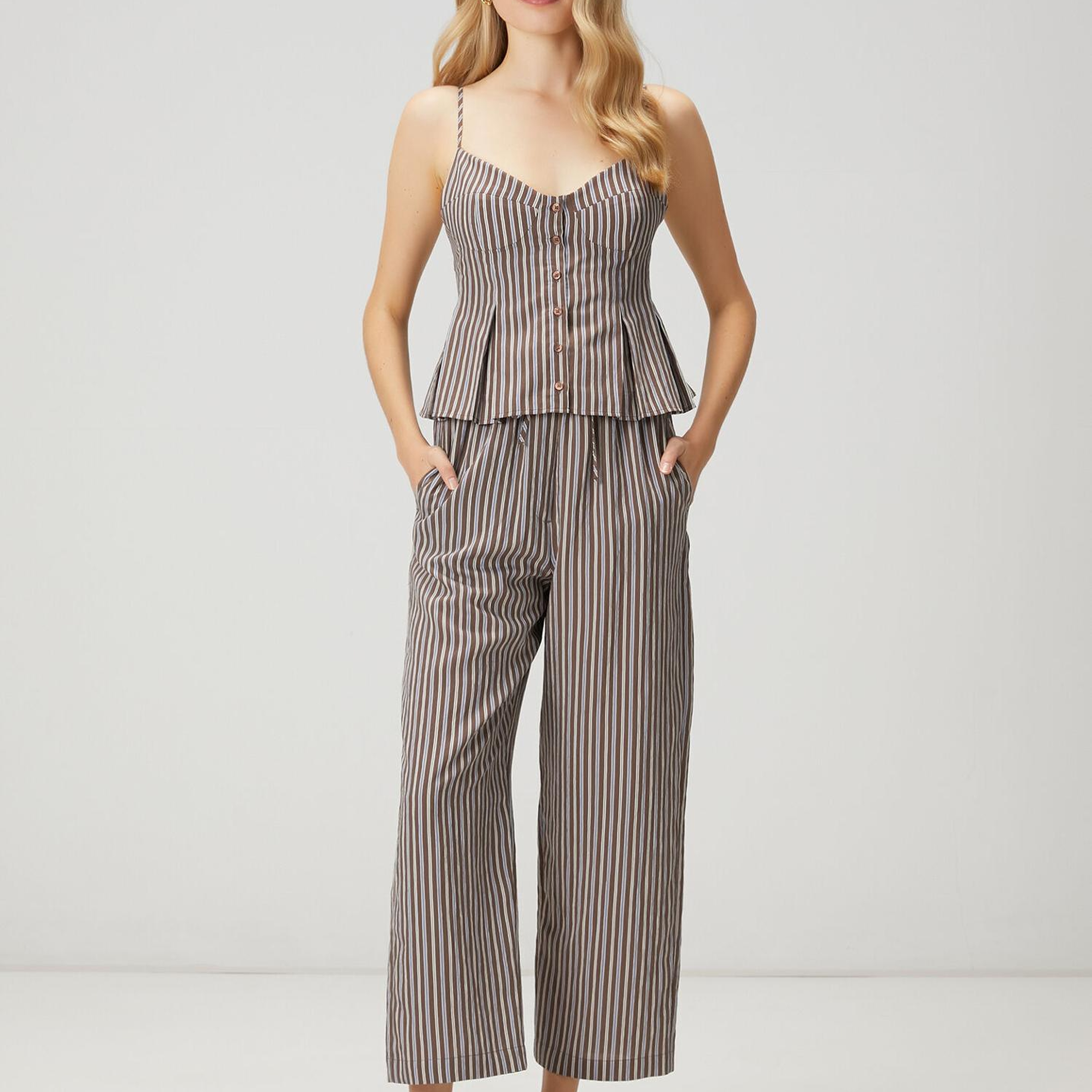 Beymen Club Kadın Kahverengi Çizgili Bol Paça Pantolon