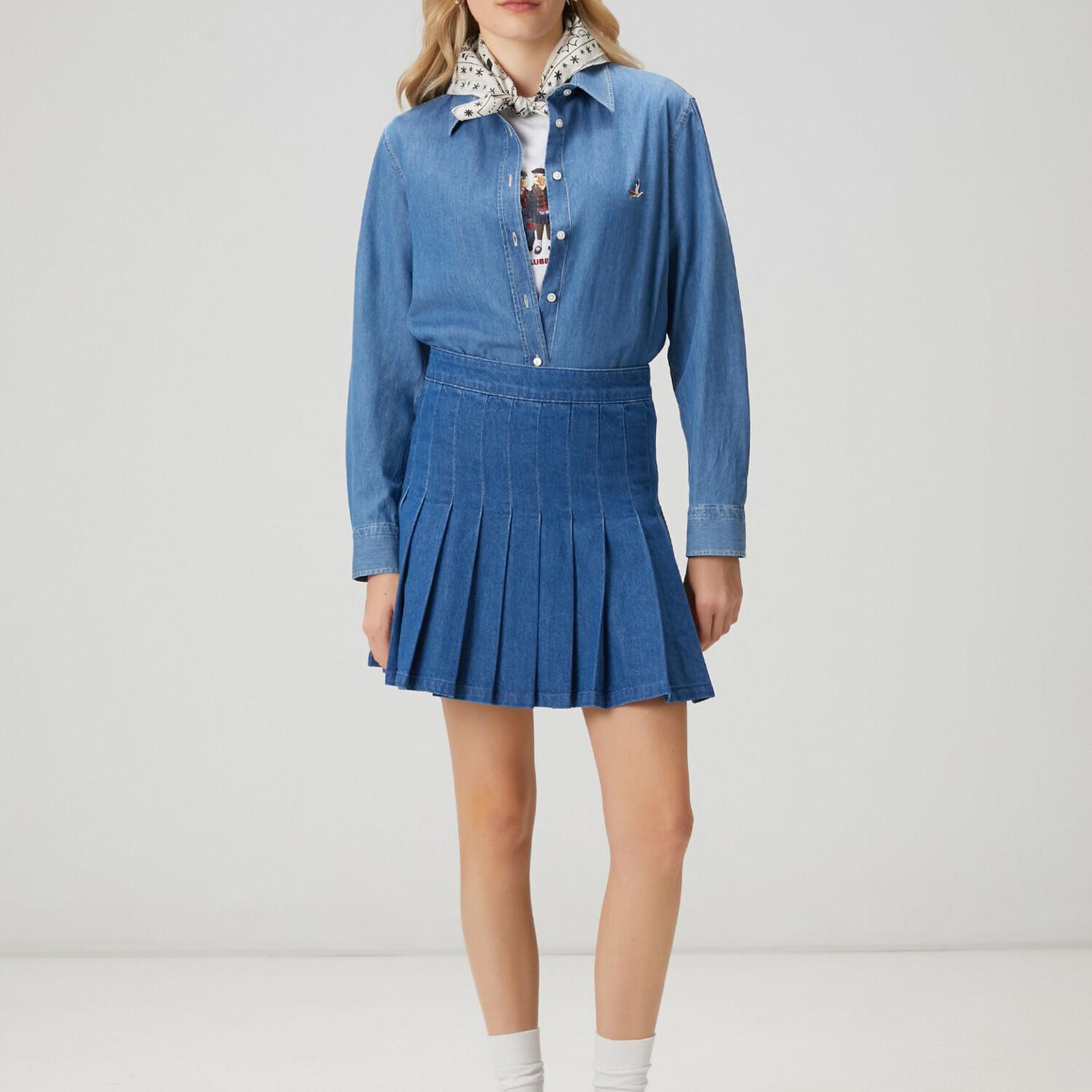 Beymen Club Kadın Mavi Pileli Mini Denim Etek