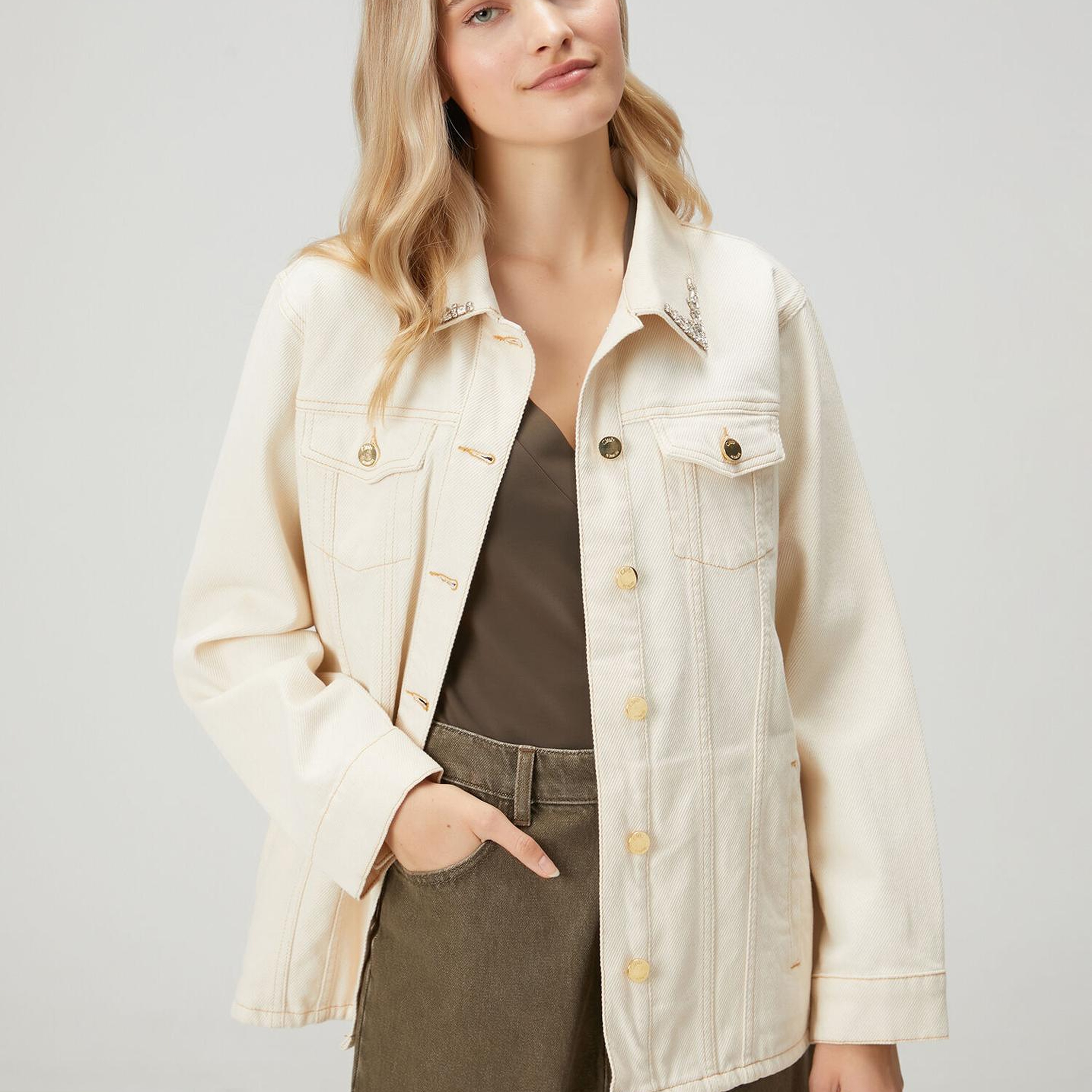 Beymen Club Kadın Kırık Beyaz Taşlı Gömlek Formlu Denim Ceket