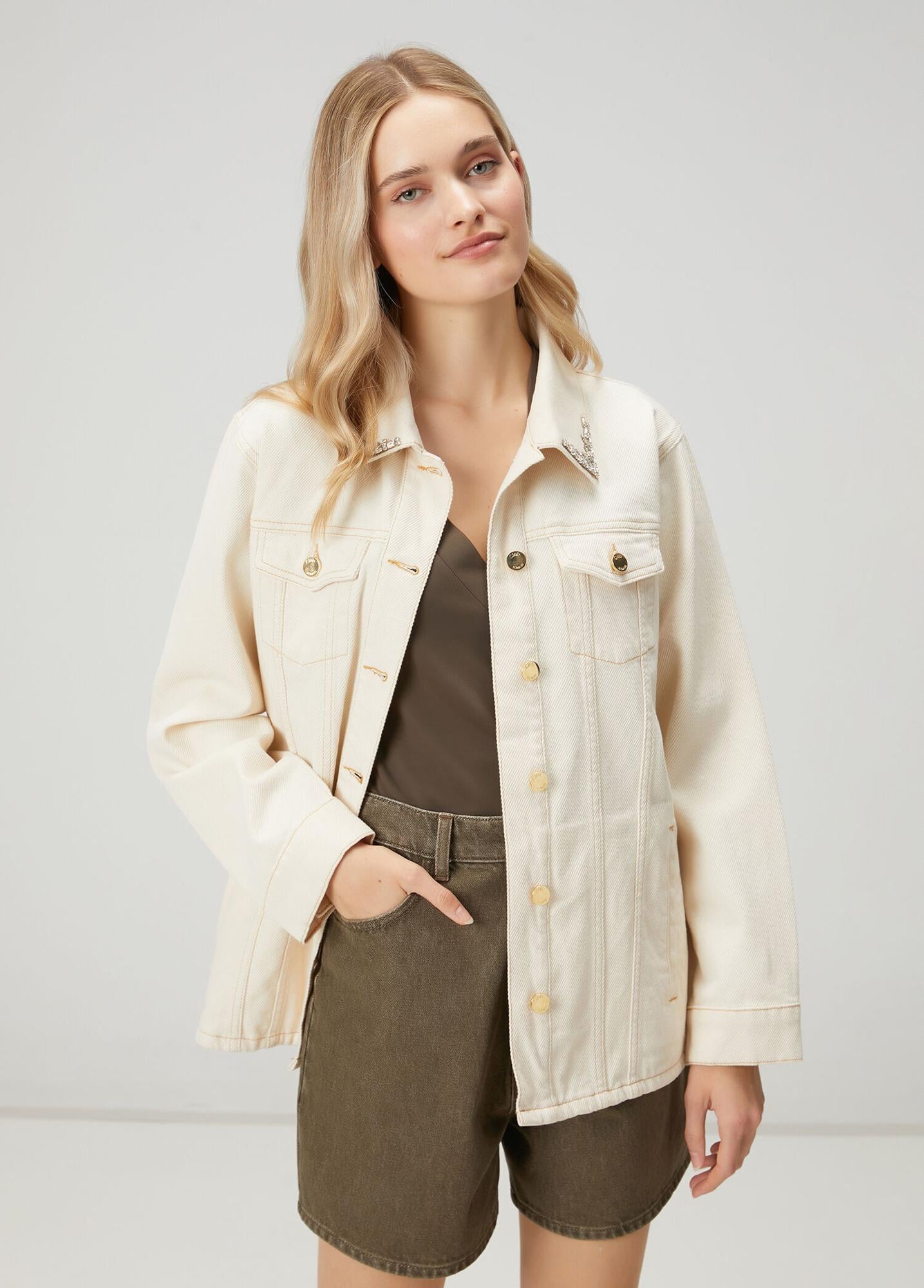 Beymen Club Kadın Kırık Beyaz Taşlı Gömlek Formlu Denim Ceket