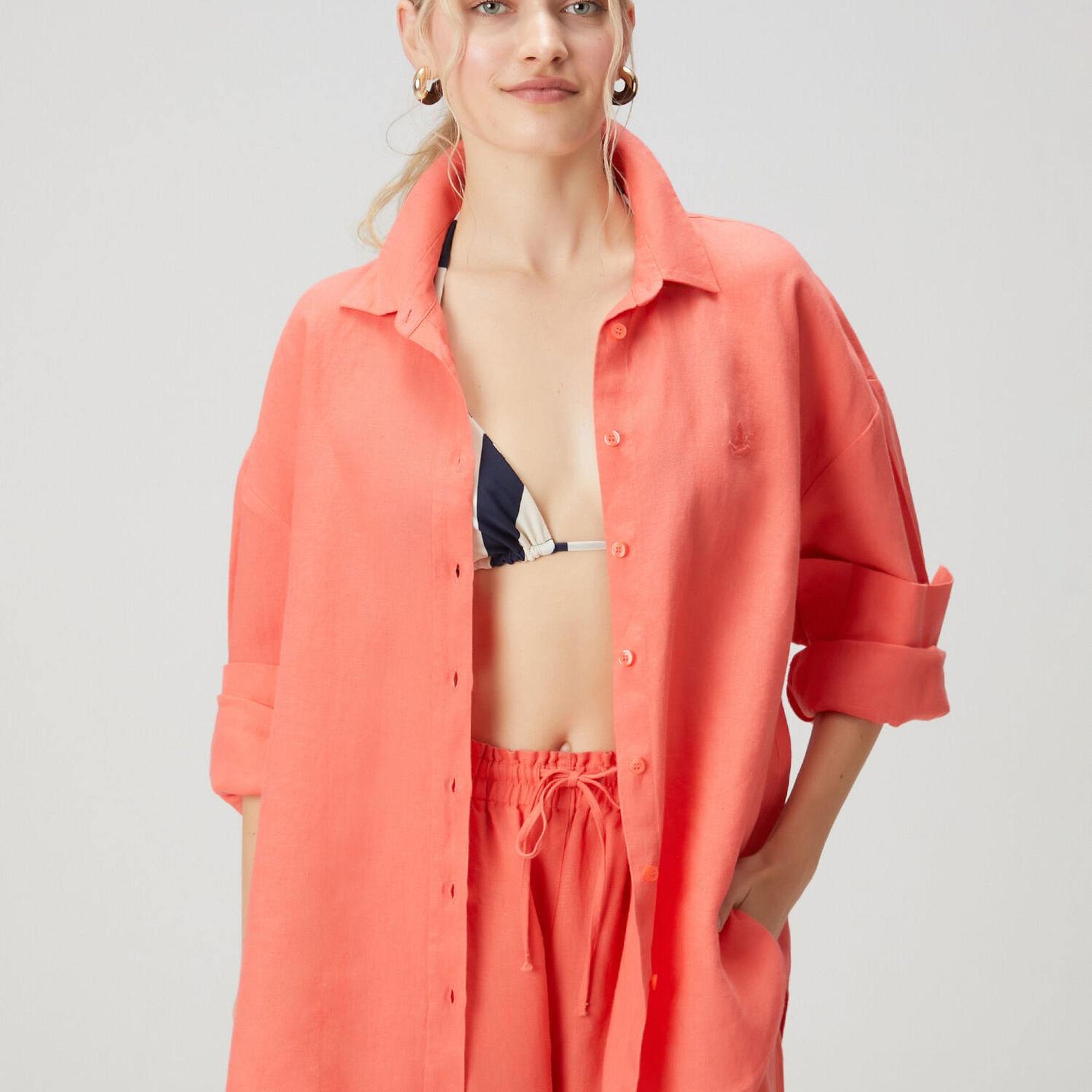 Beymen Club Kadın Oversize Somon Logolu Keten Gömlek