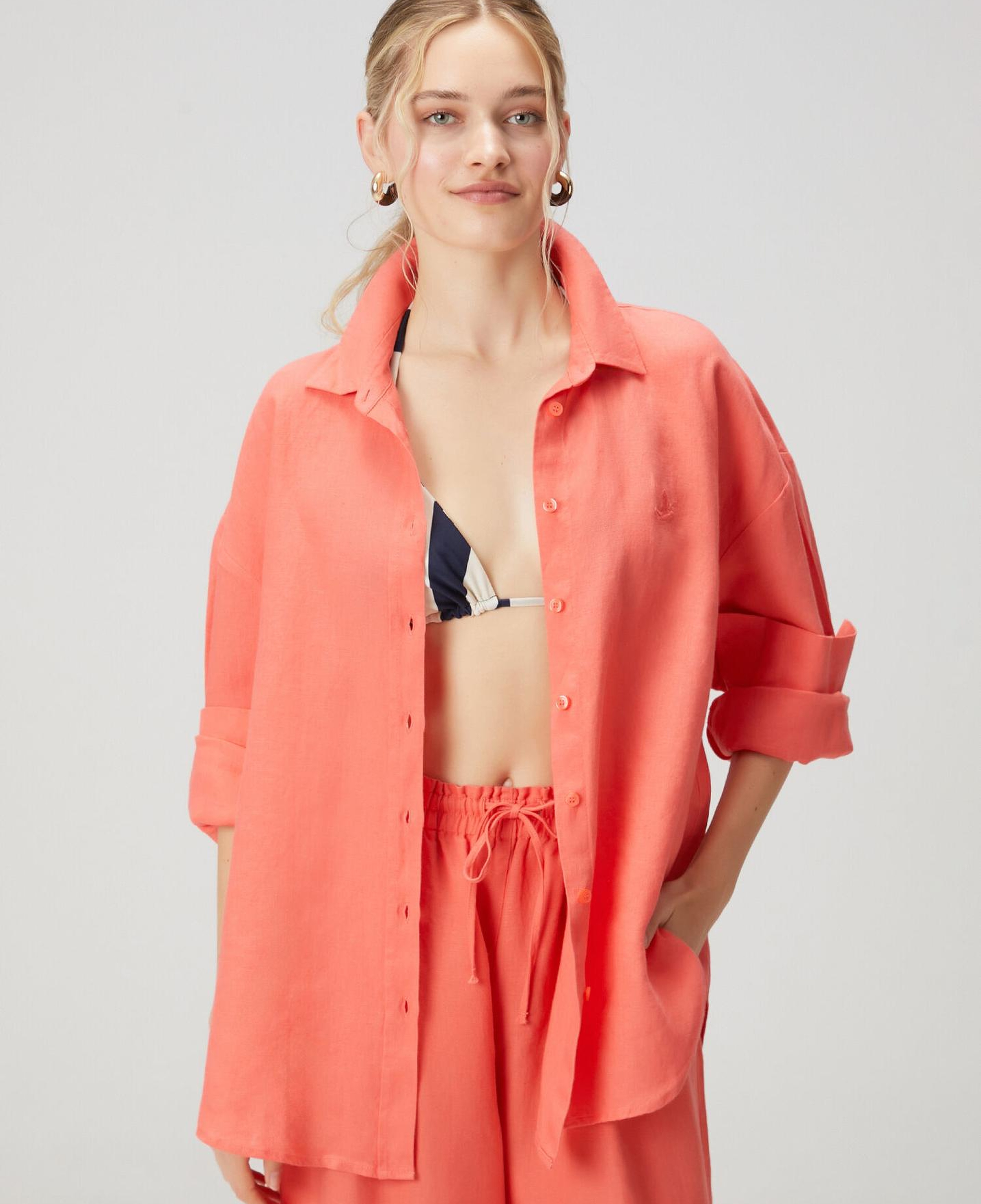 Beymen Club Kadın Oversize Somon Logolu Keten Gömlek