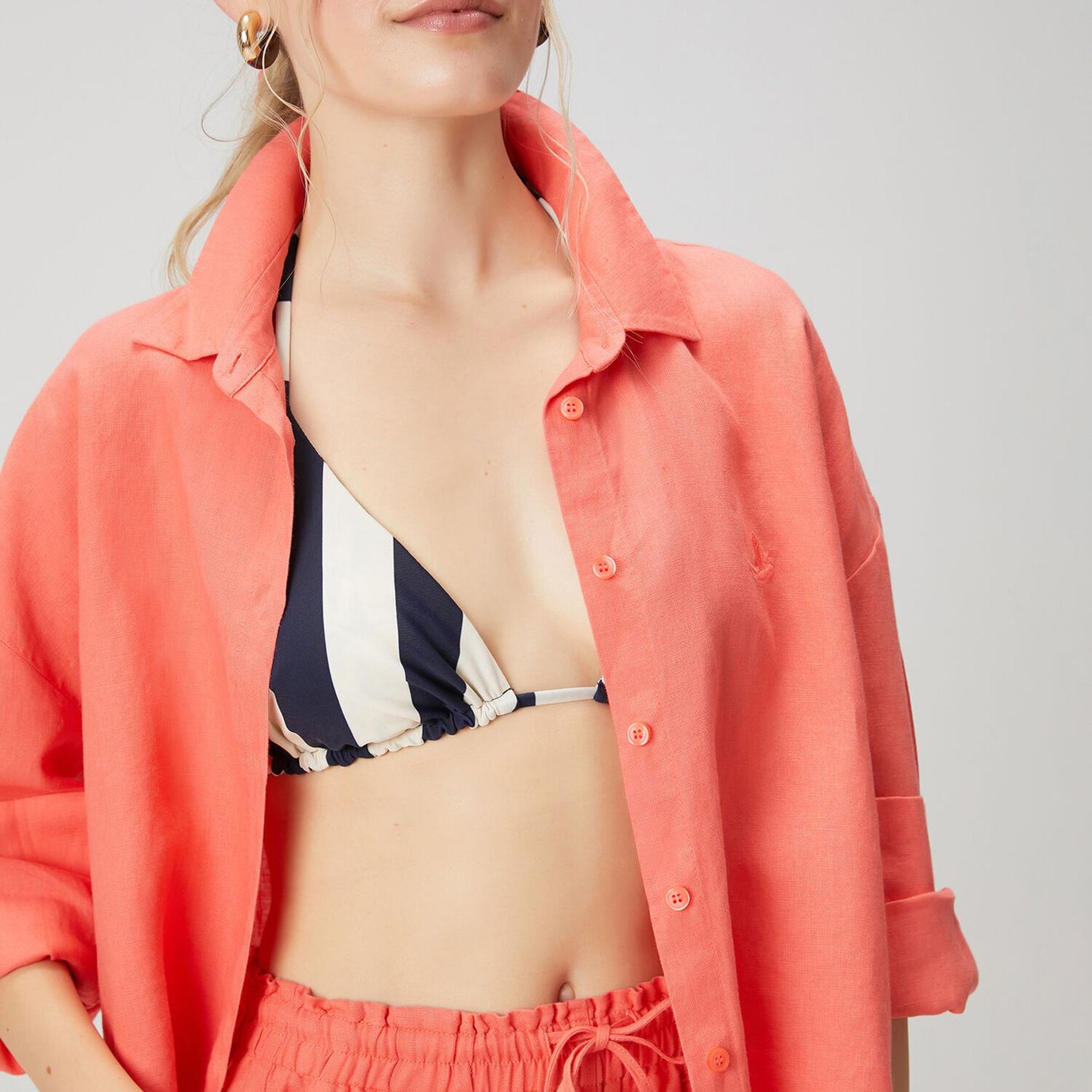 Beymen Club Kadın Oversize Somon Logolu Keten Gömlek