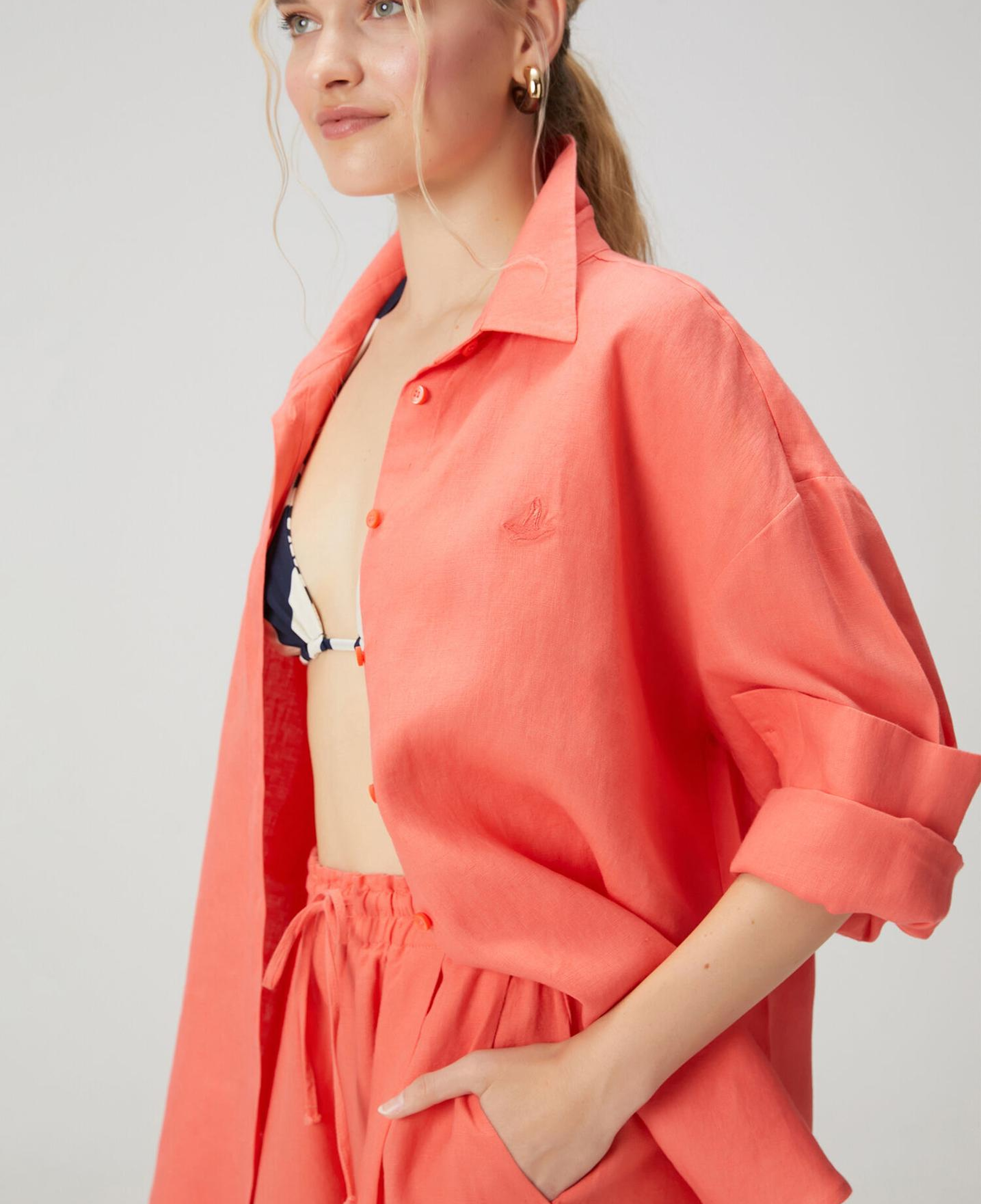 Beymen Club Kadın Oversize Somon Logolu Keten Gömlek