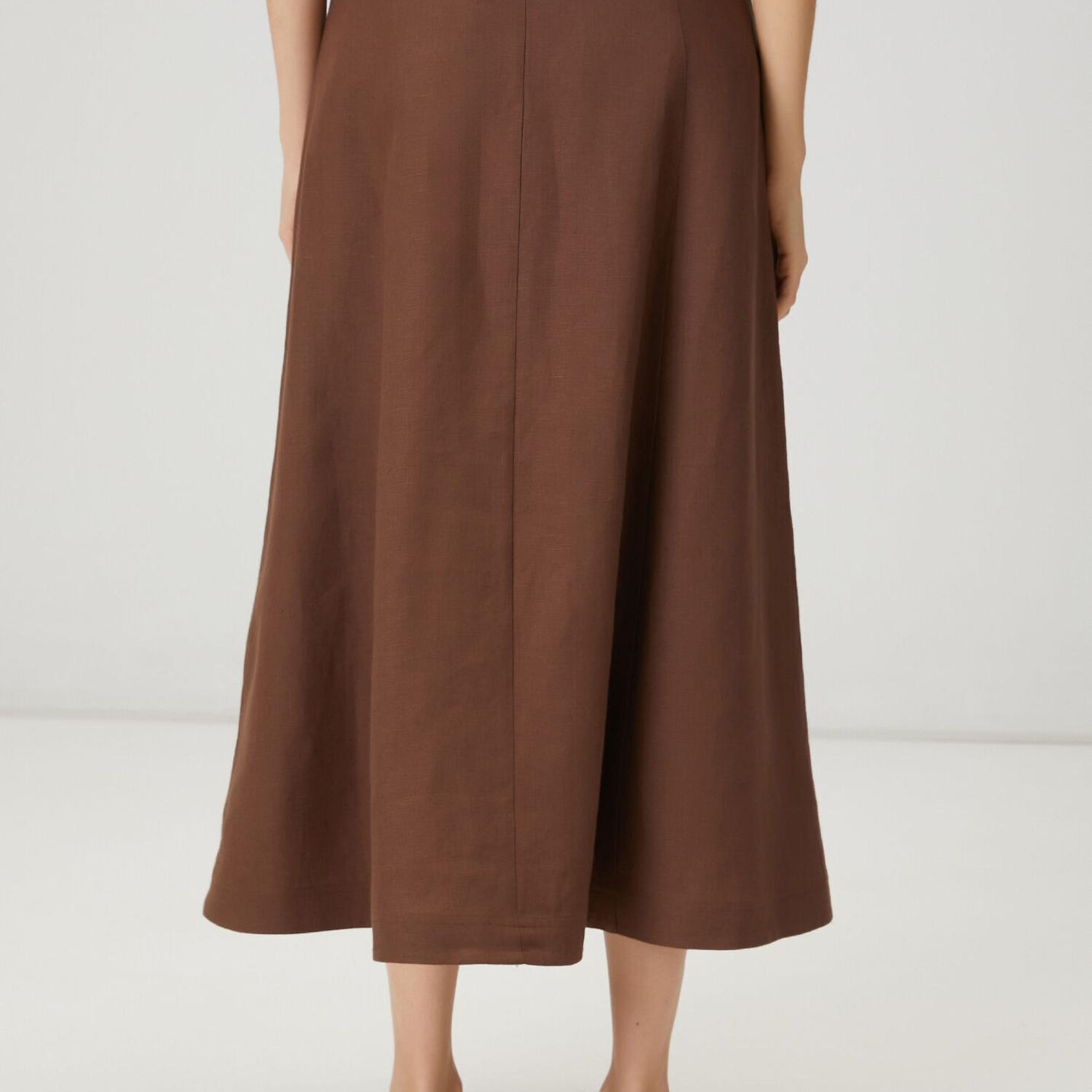 Beymen Club Kadın Kahverengi Düğmeli Midi Keten Etek