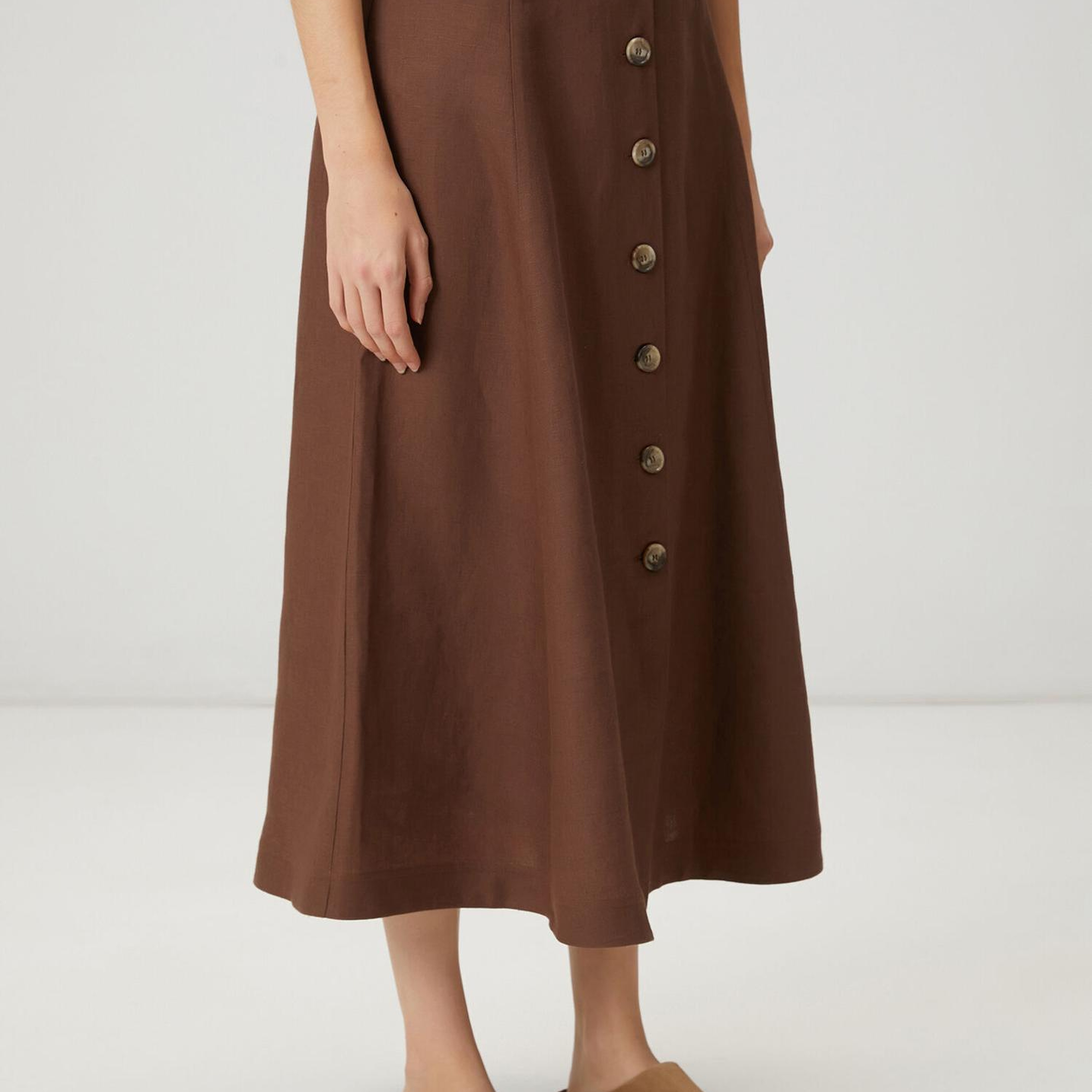 Beymen Club Kadın Kahverengi Düğmeli Midi Keten Etek