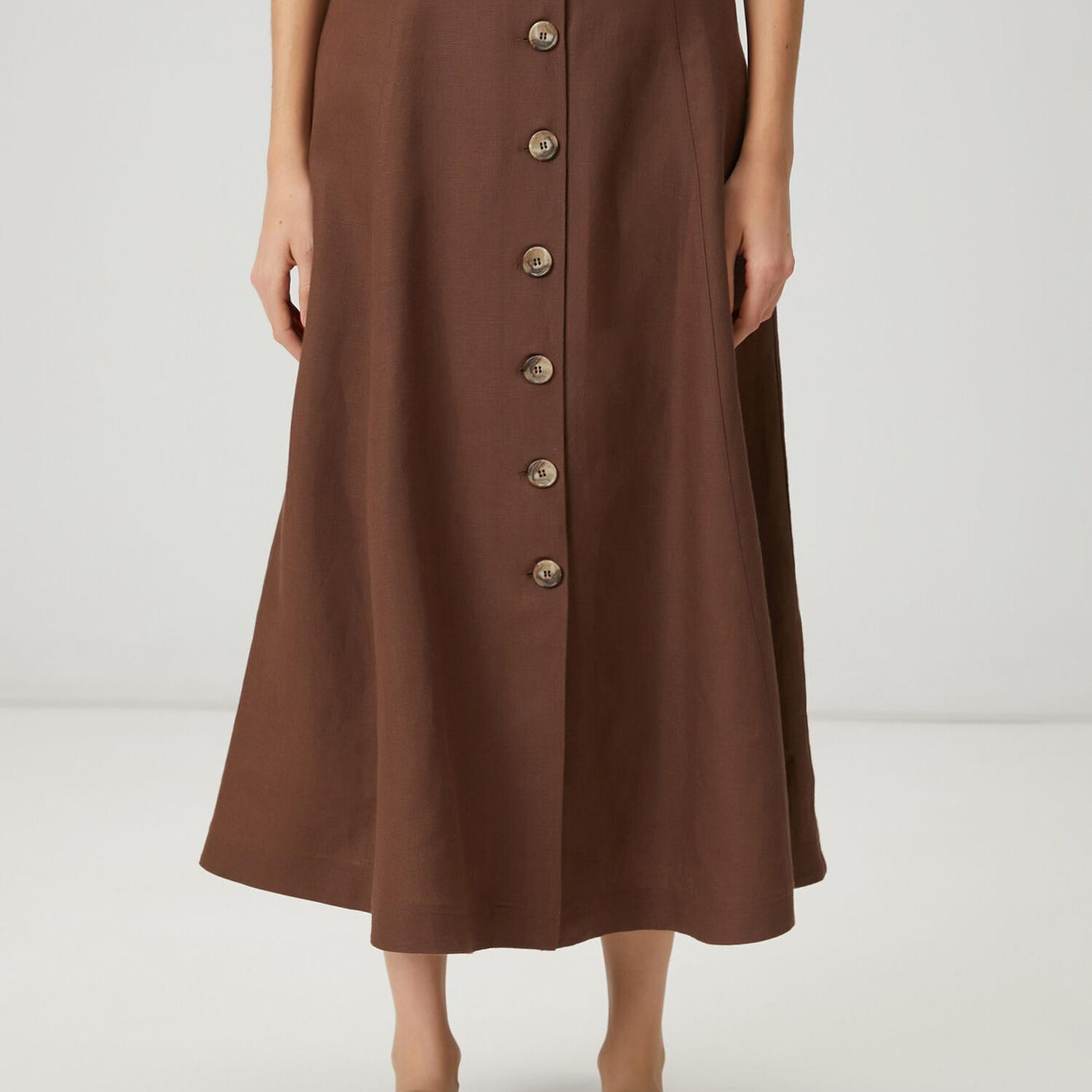 Beymen Club Kadın Kahverengi Düğmeli Midi Keten Etek