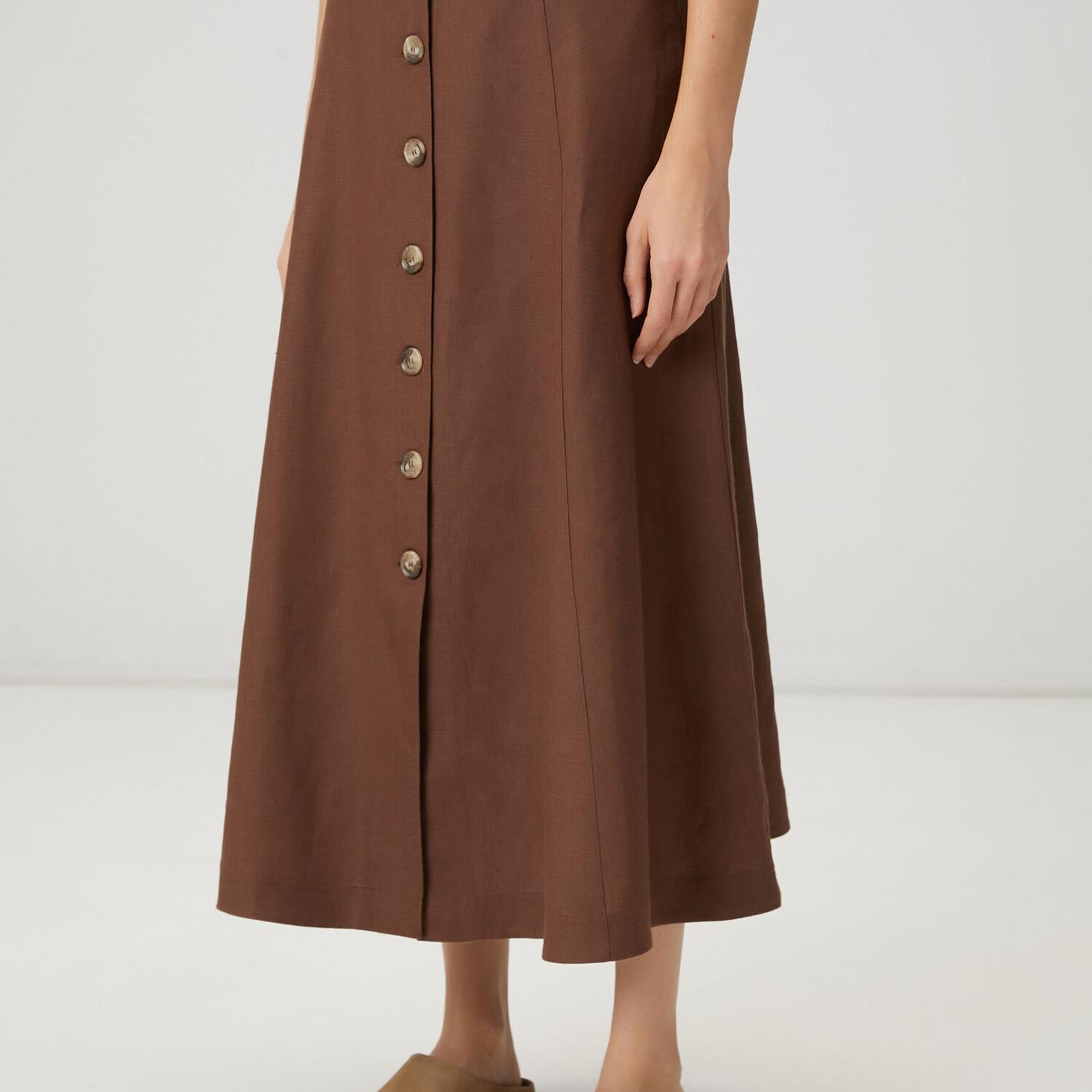 Beymen Club Kadın Kahverengi Düğmeli Midi Keten Etek