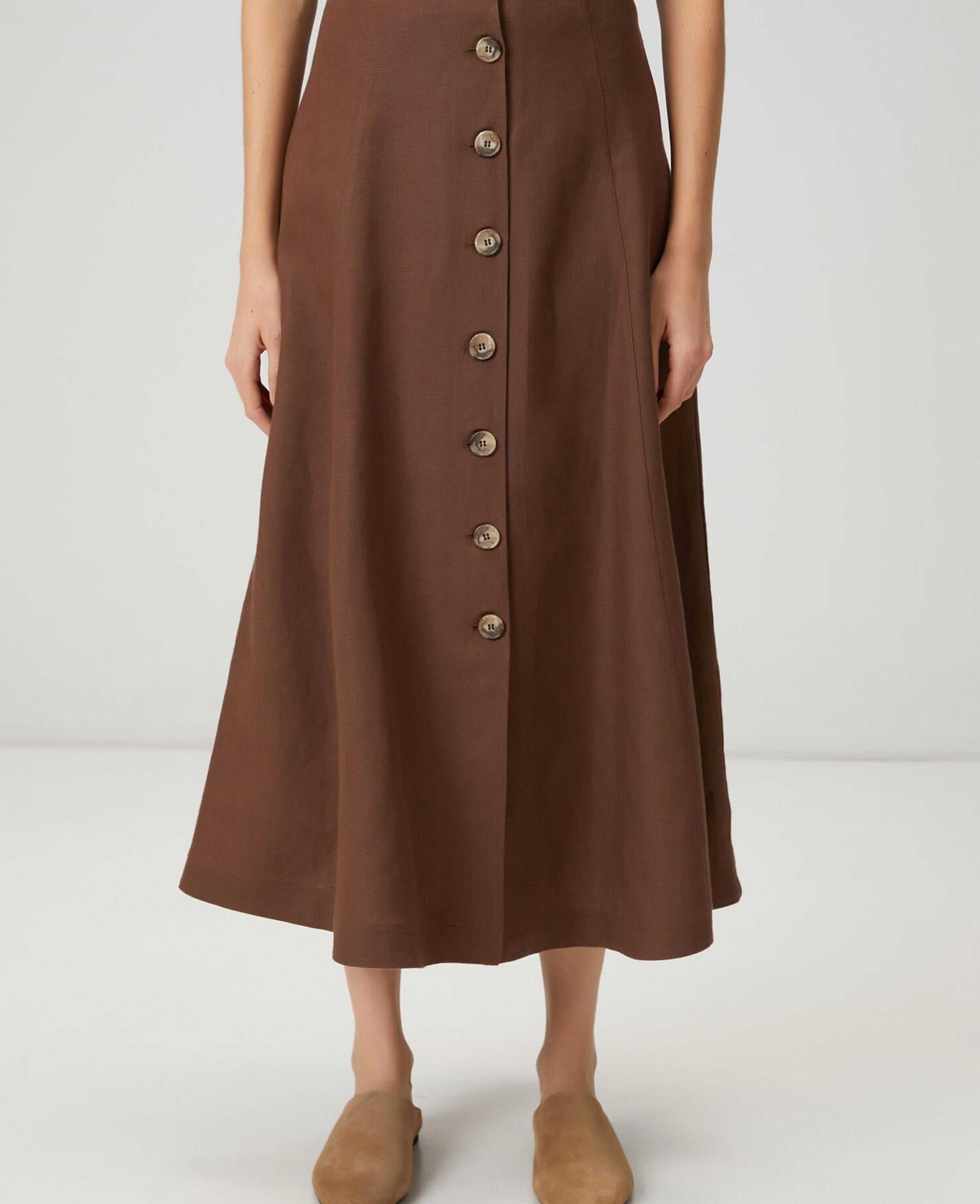 Beymen Club Kadın Kahverengi Düğmeli Midi Keten Etek