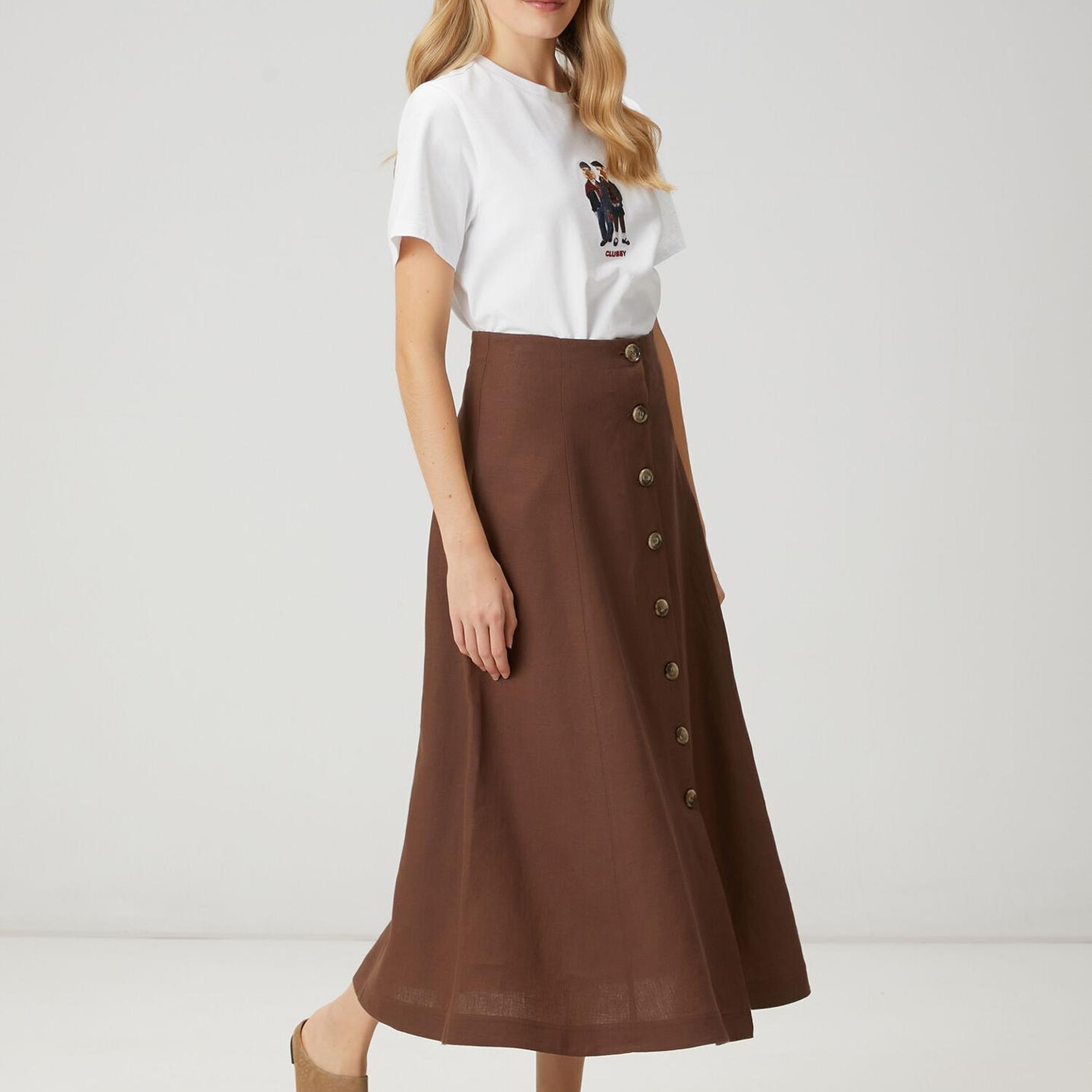 Beymen Club Kadın Kahverengi Düğmeli Midi Keten Etek