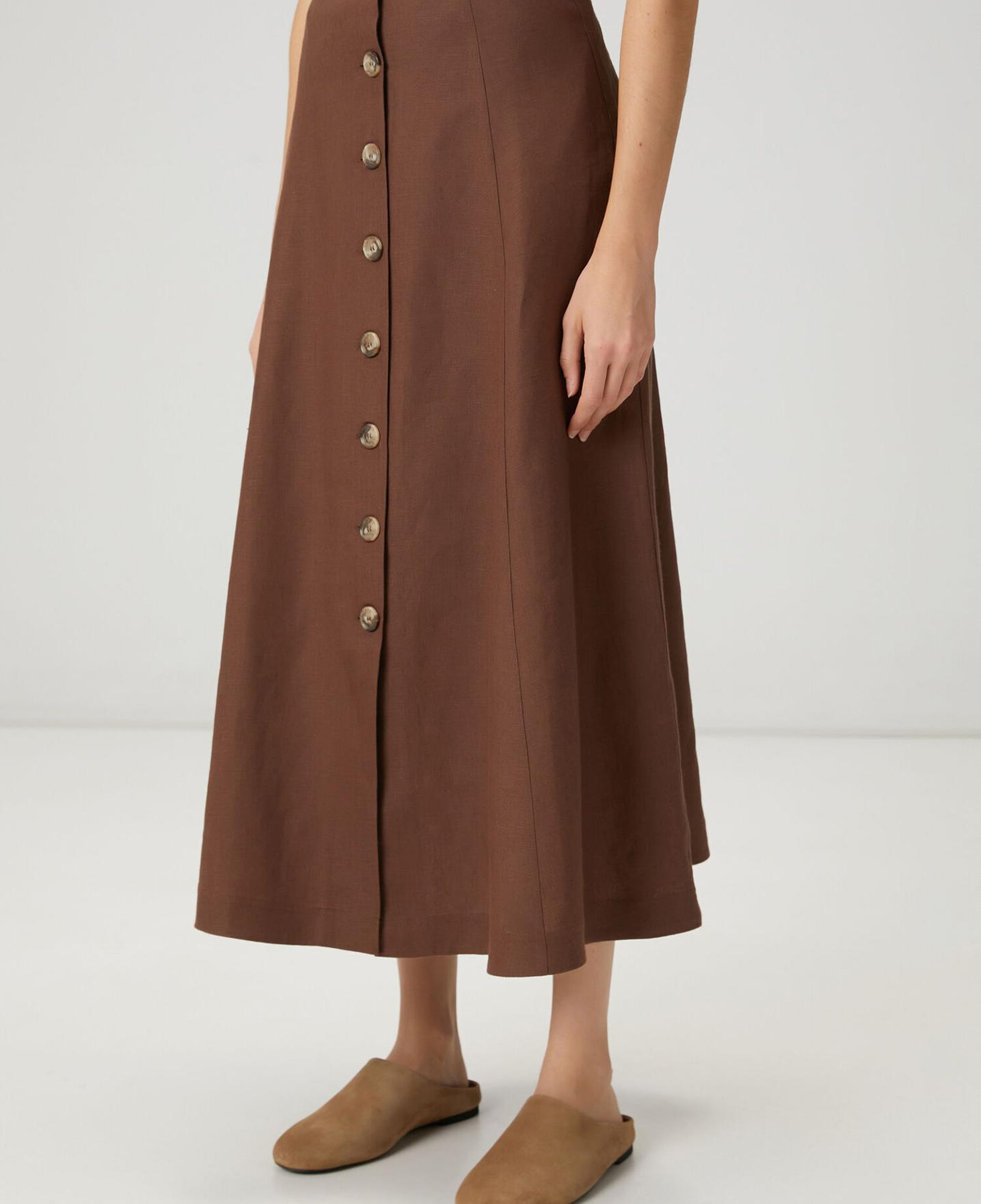 Beymen Club Kadın Kahverengi Düğmeli Midi Keten Etek
