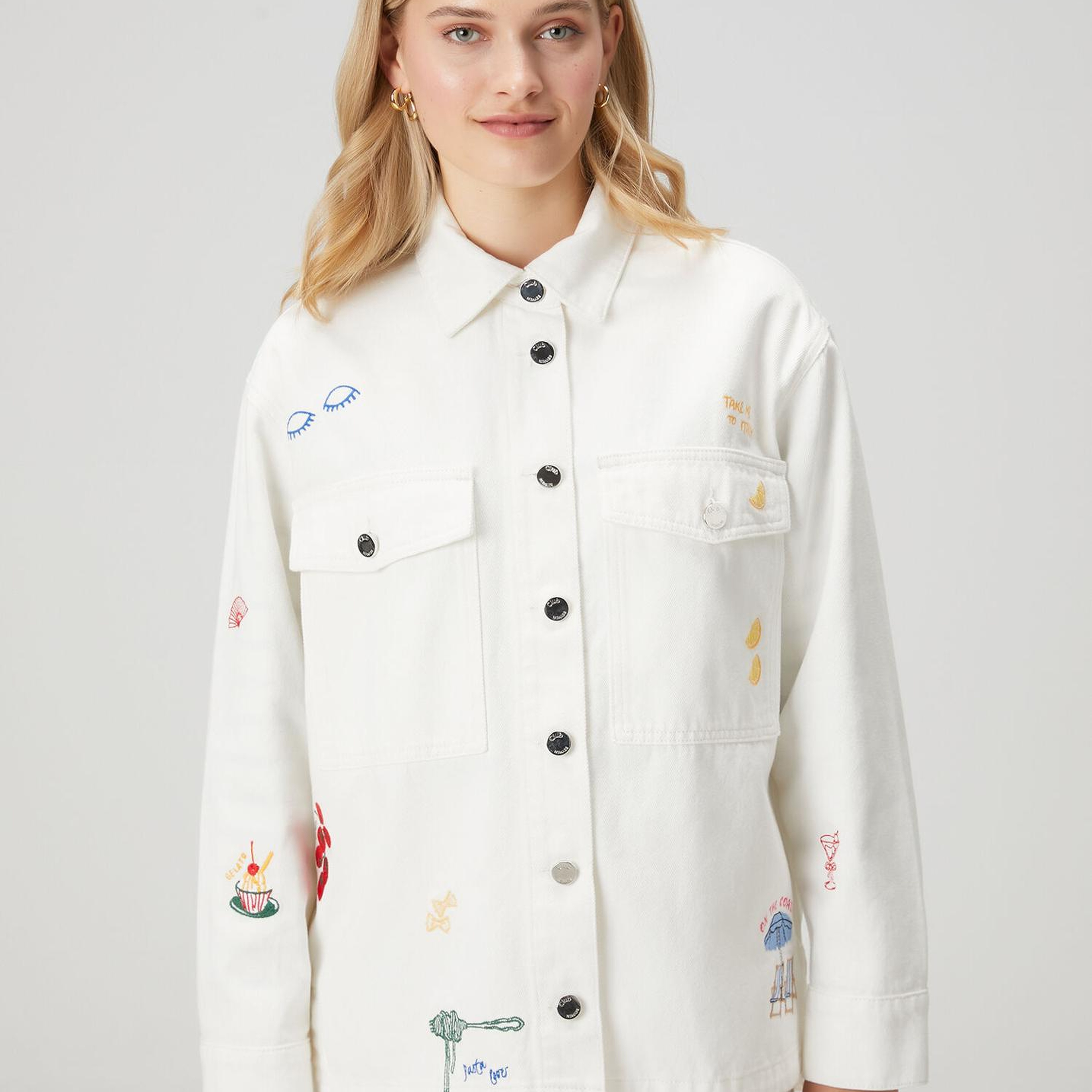 Beymen Club Kadın Oversize Kırık Beyaz Serpme Nakışlı Denim Ceket