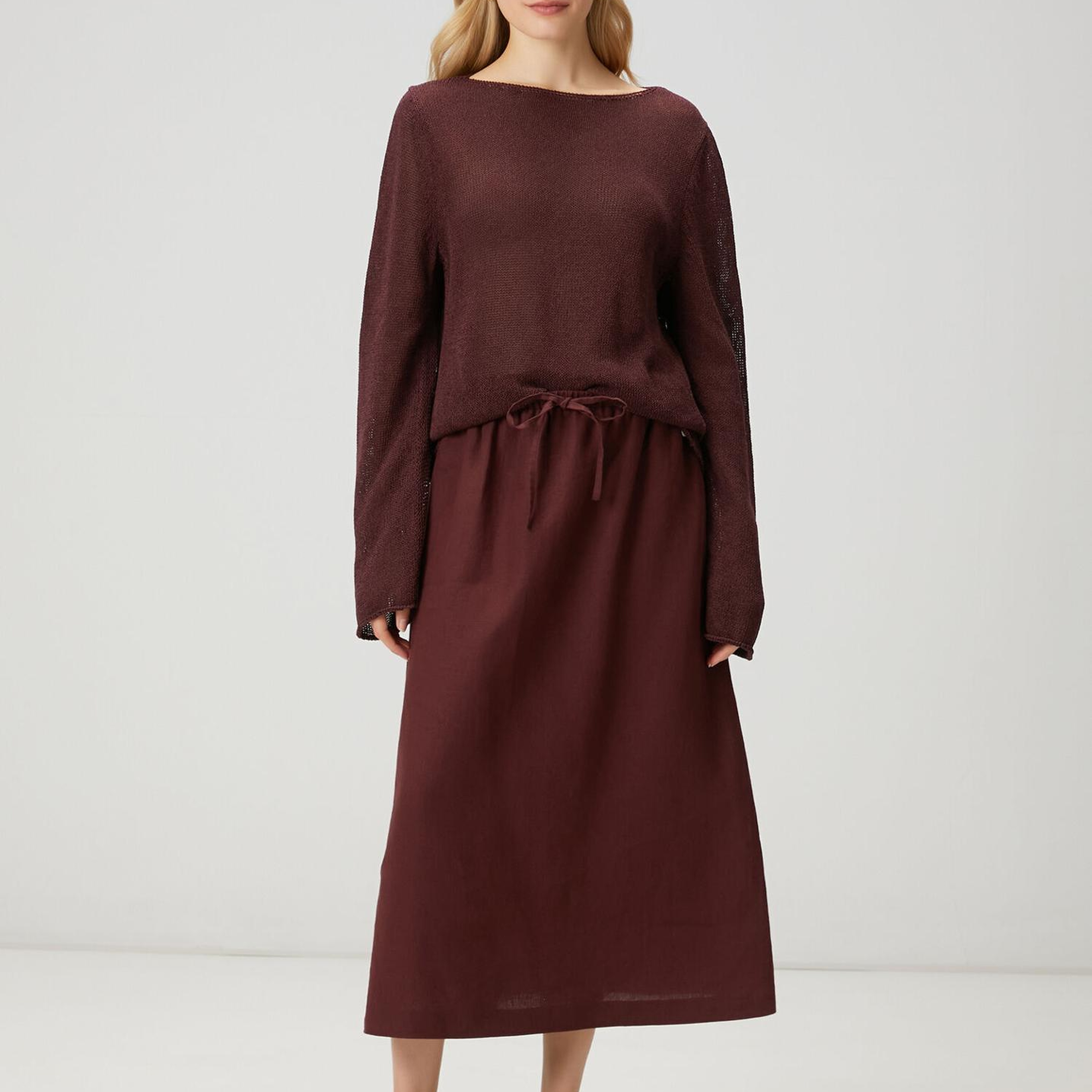 Beymen Club Kadın Mürdüm Bağcıklı Midi Keten Etek