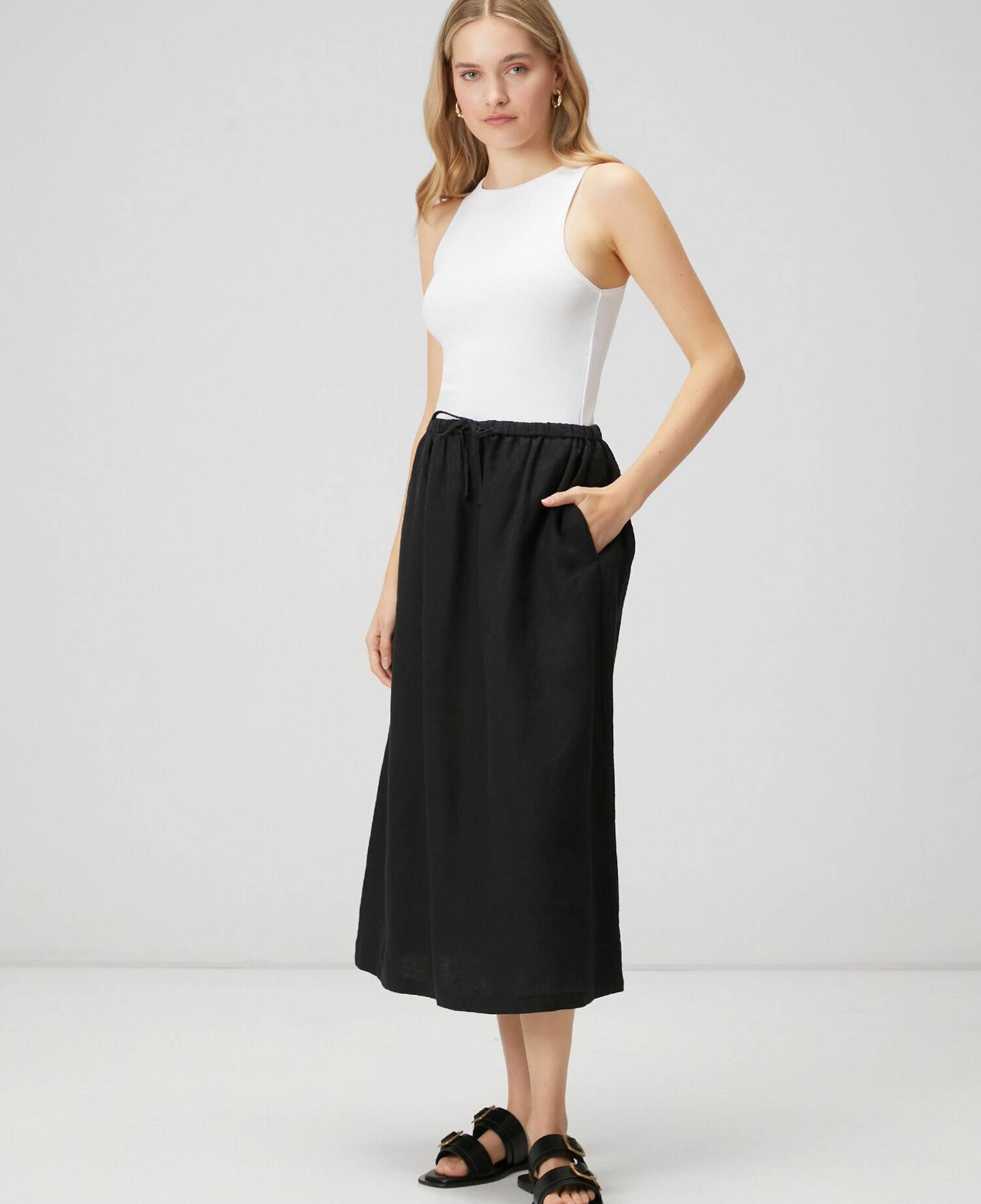 Beymen Club Kadın Siyah Bağcıklı Midi Keten Etek