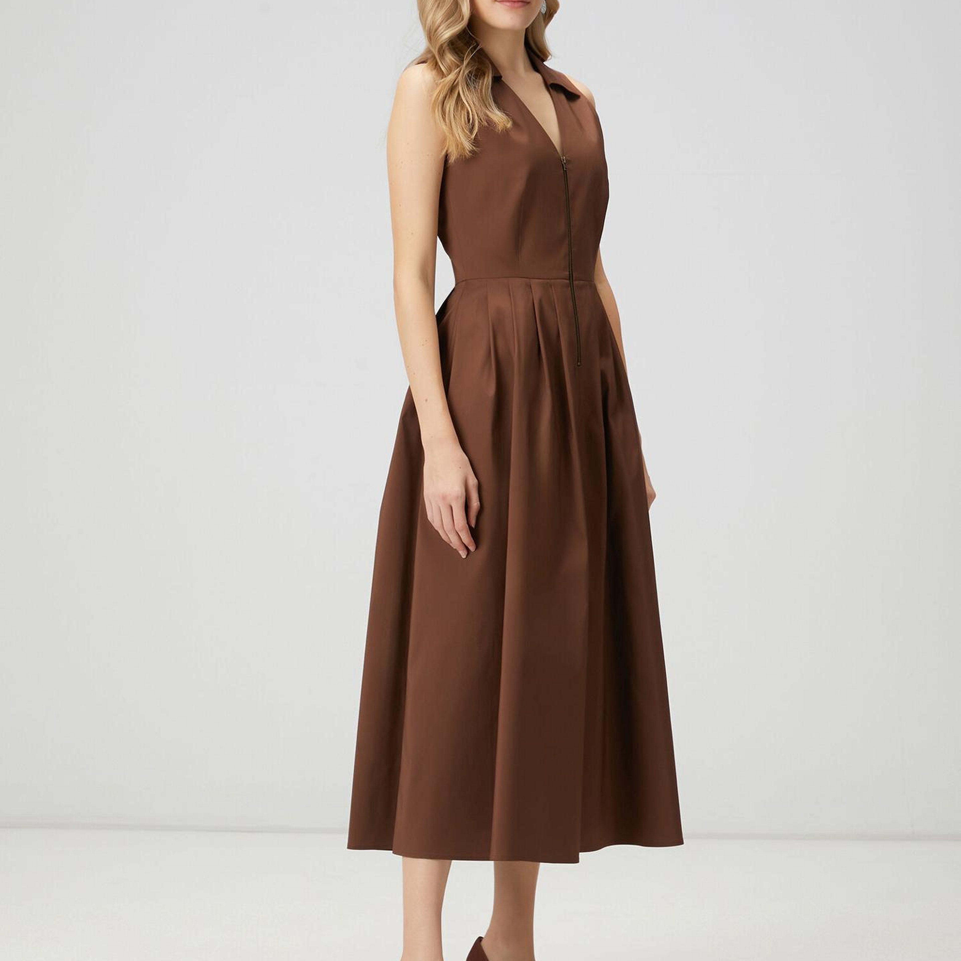 Beymen Club Kadın Kahverengi Midi Tafta Gömlek Elbise