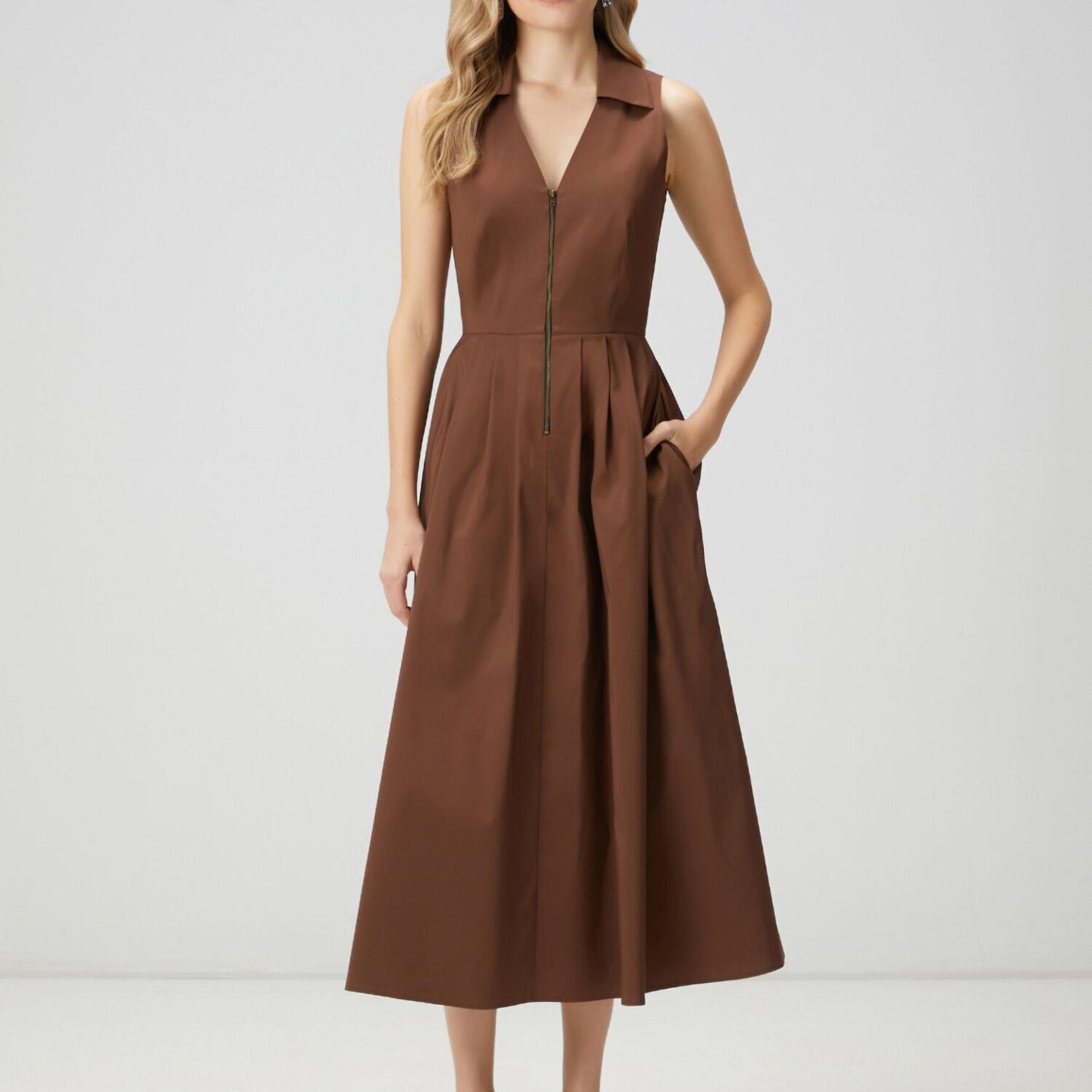 Beymen Club Kadın Kahverengi Midi Tafta Gömlek Elbise