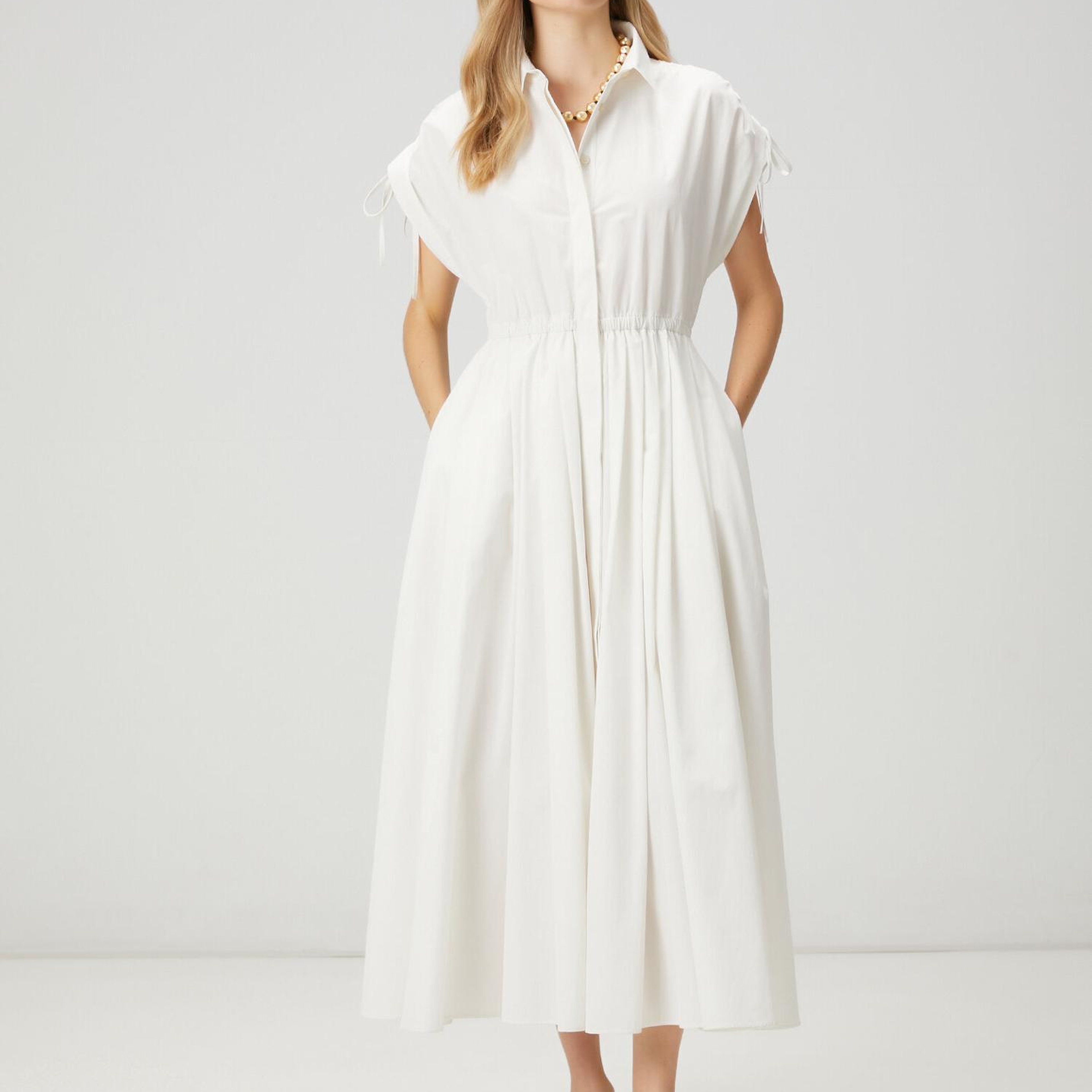 Beymen Club Kadın Beyaz Büzgülü Midi Tafta Gömlek Elbise