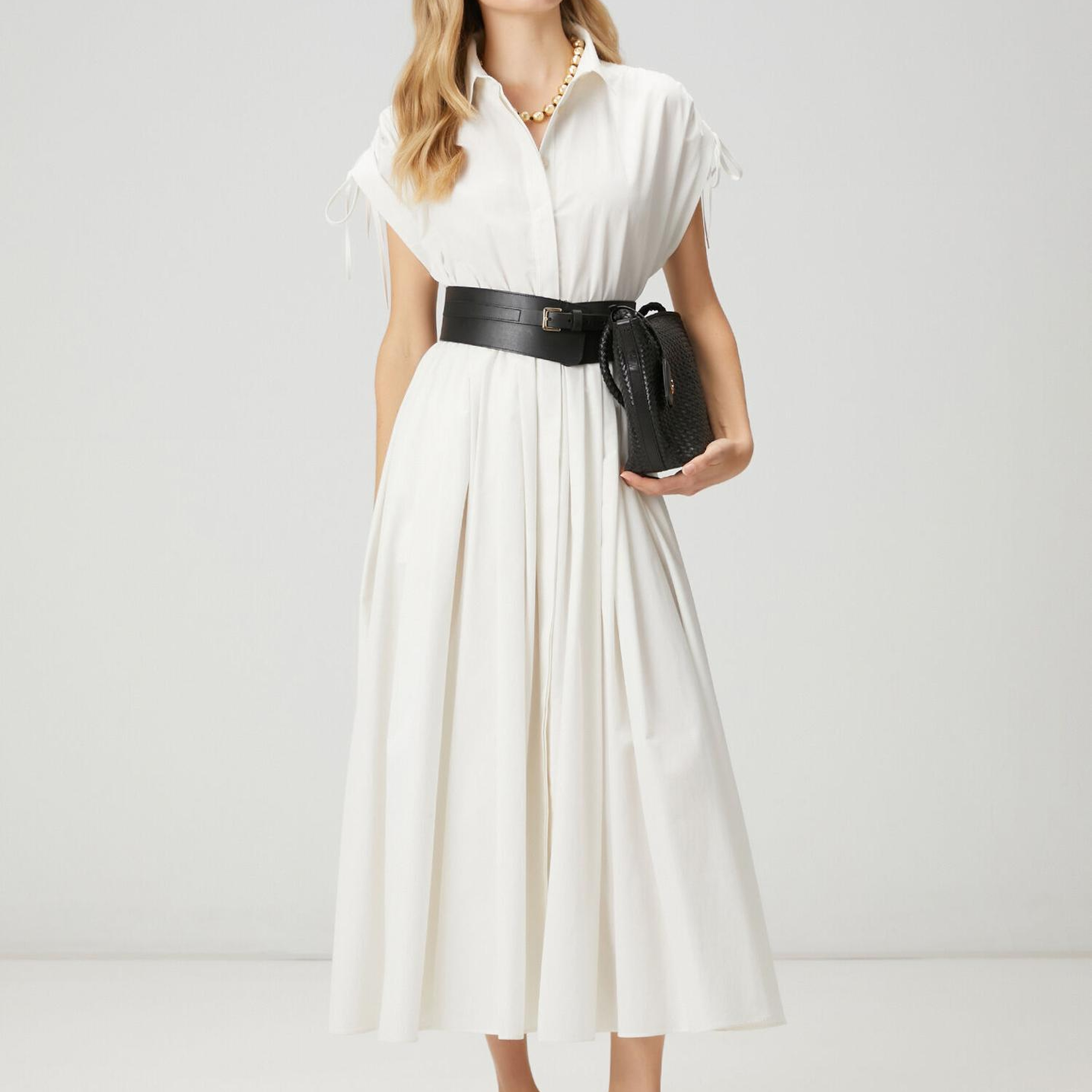 Beymen Club Kadın Beyaz Büzgülü Midi Tafta Gömlek Elbise