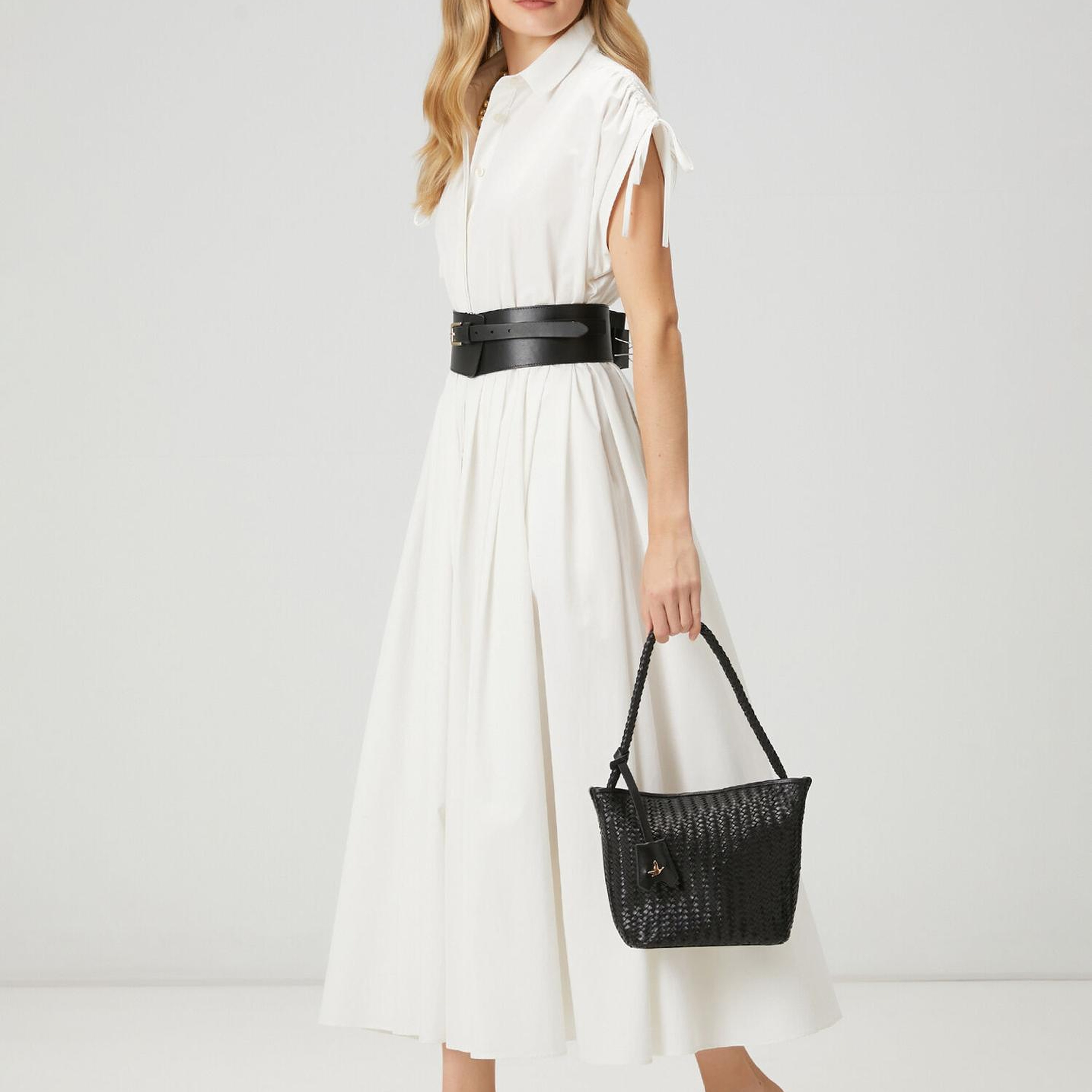 Beymen Club Kadın Beyaz Büzgülü Midi Tafta Gömlek Elbise