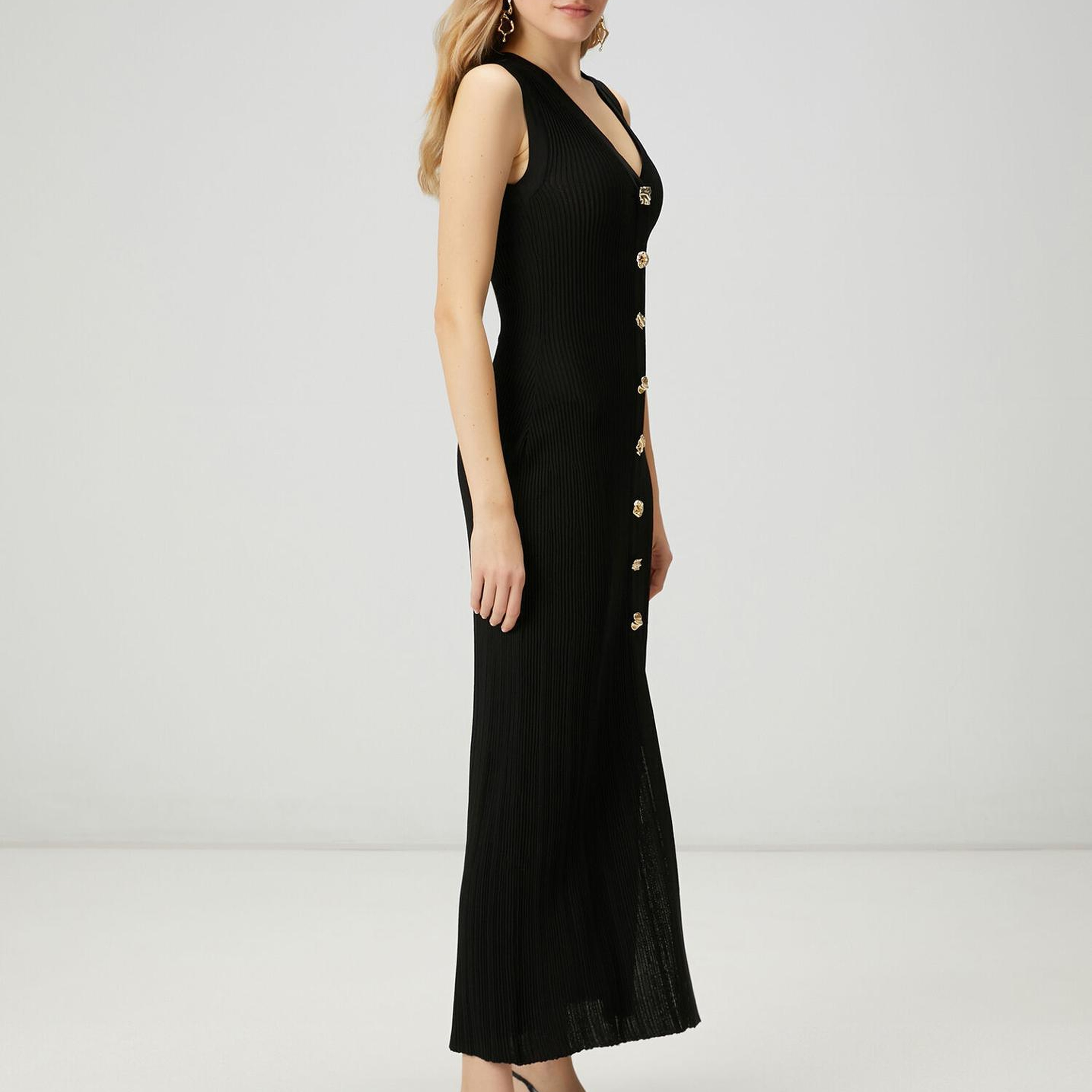 Beymen Club Kadın Siyah Amorf Düğmeli Maksi Triko Elbise