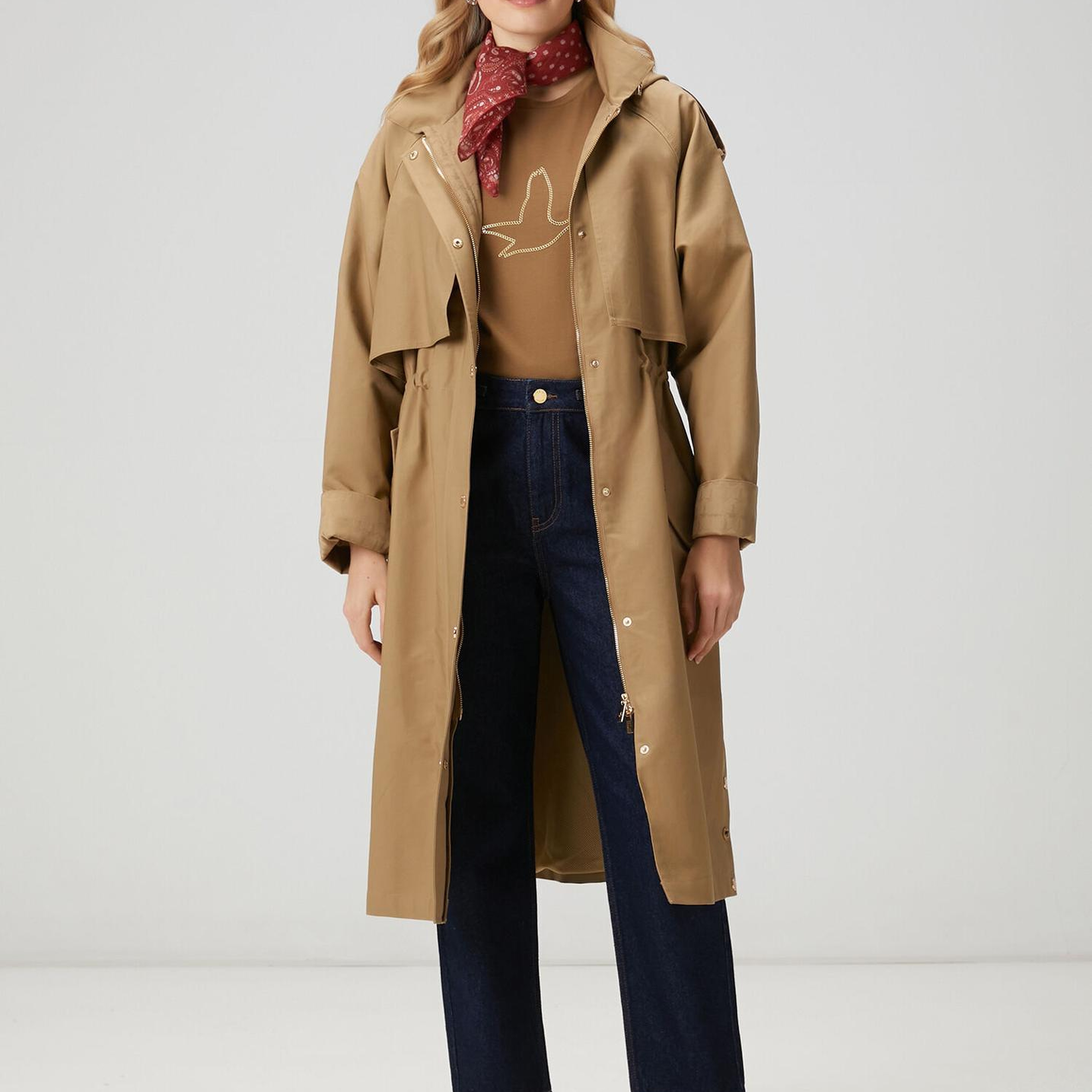 Beymen Club Kadın Açık Bej Kapüşonlu Uzun Rüzgarlık