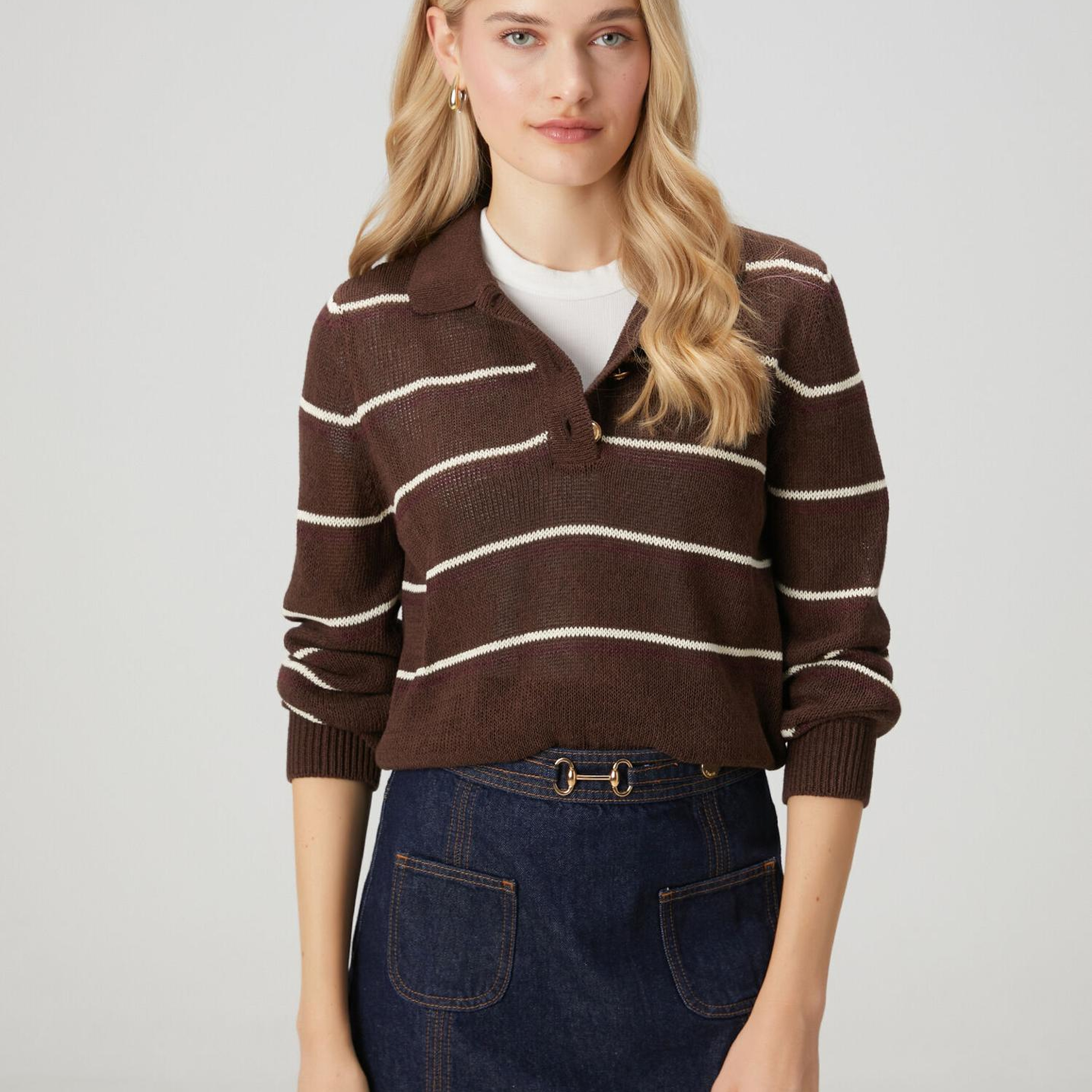 Beymen Club Kadın Kahverengi Çizgili Polo Kazak