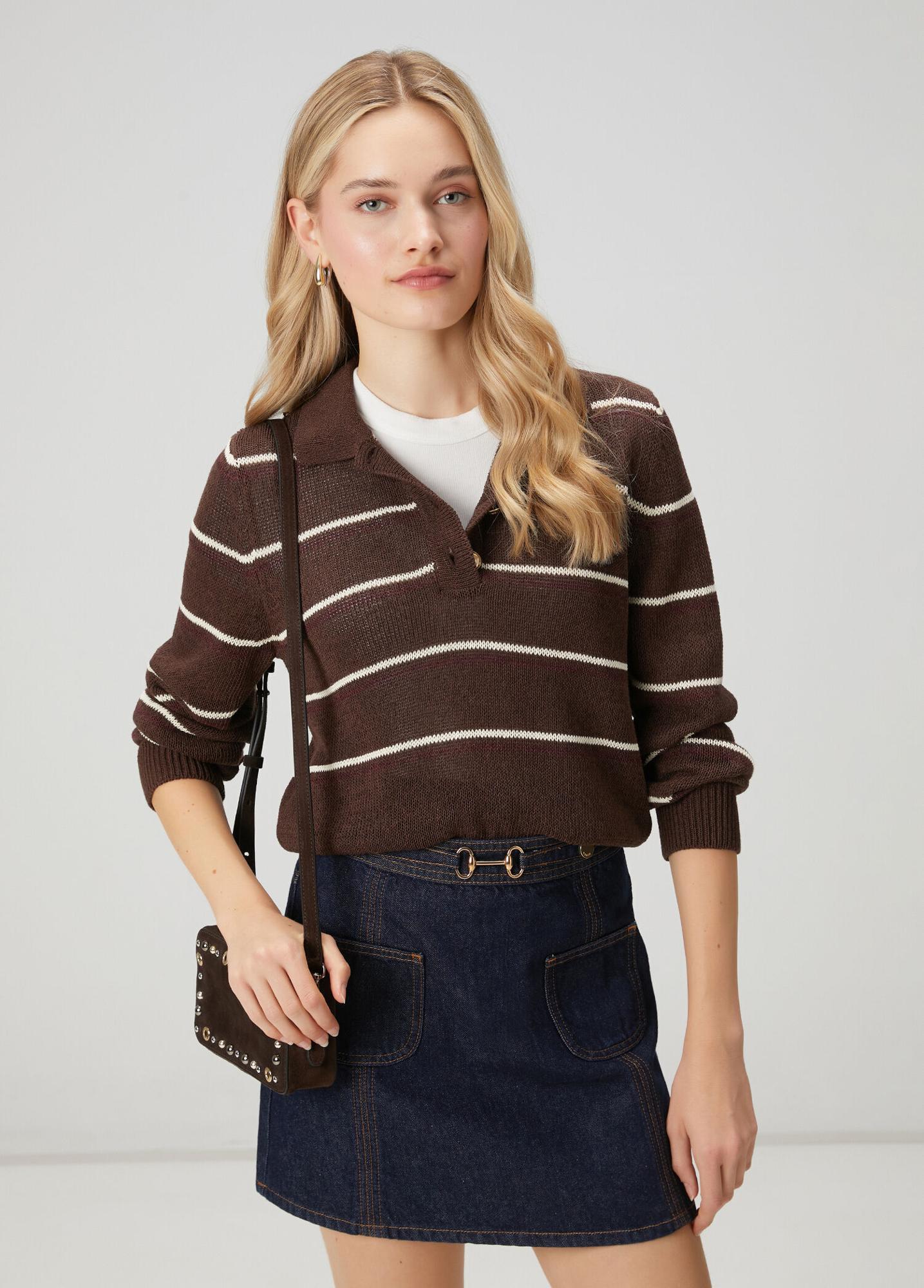 Beymen Club Kadın Kahverengi Çizgili Polo Kazak