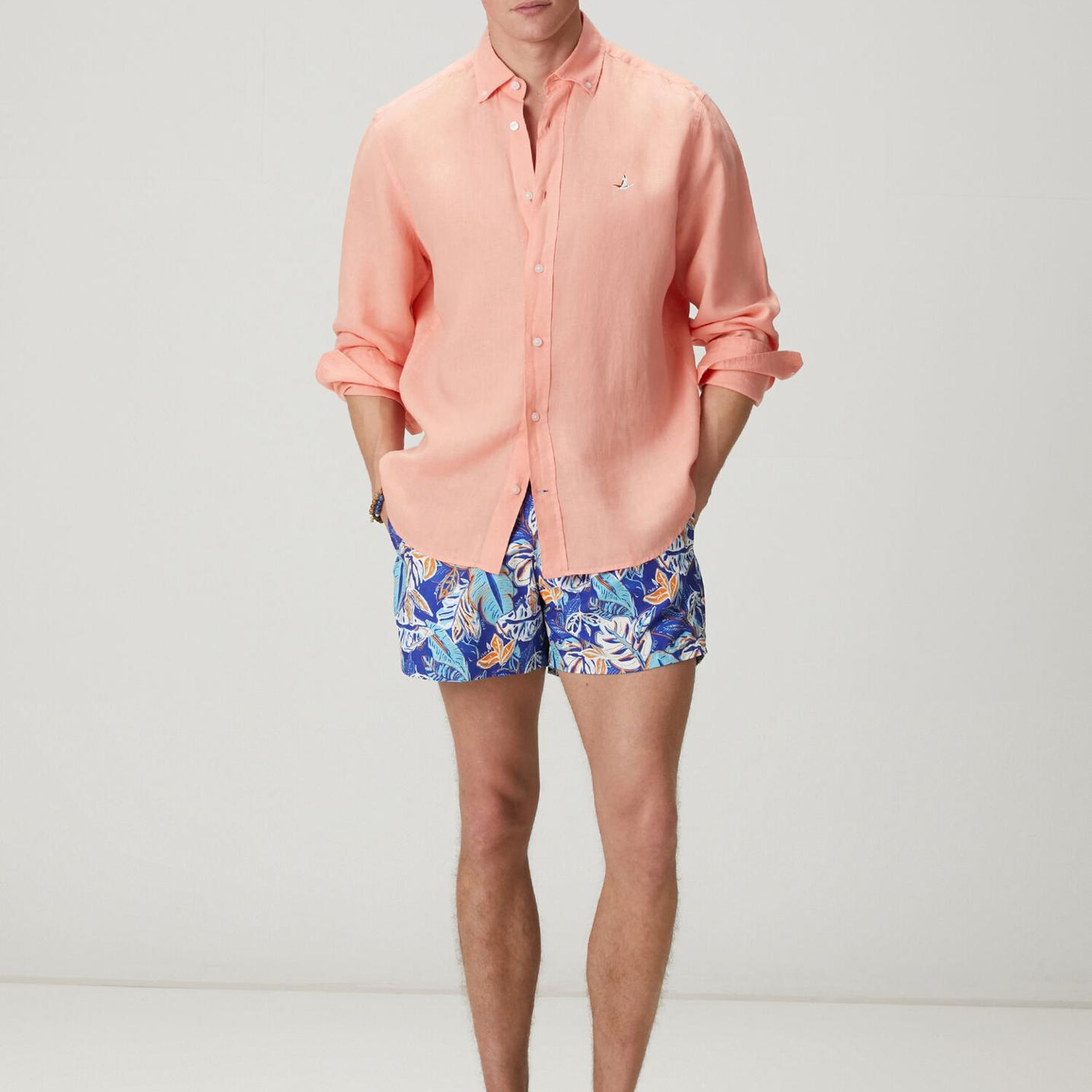 Beymen Club Erkek Mavi Turuncu Çiçek Yaprak Desenli Kısa Mayo