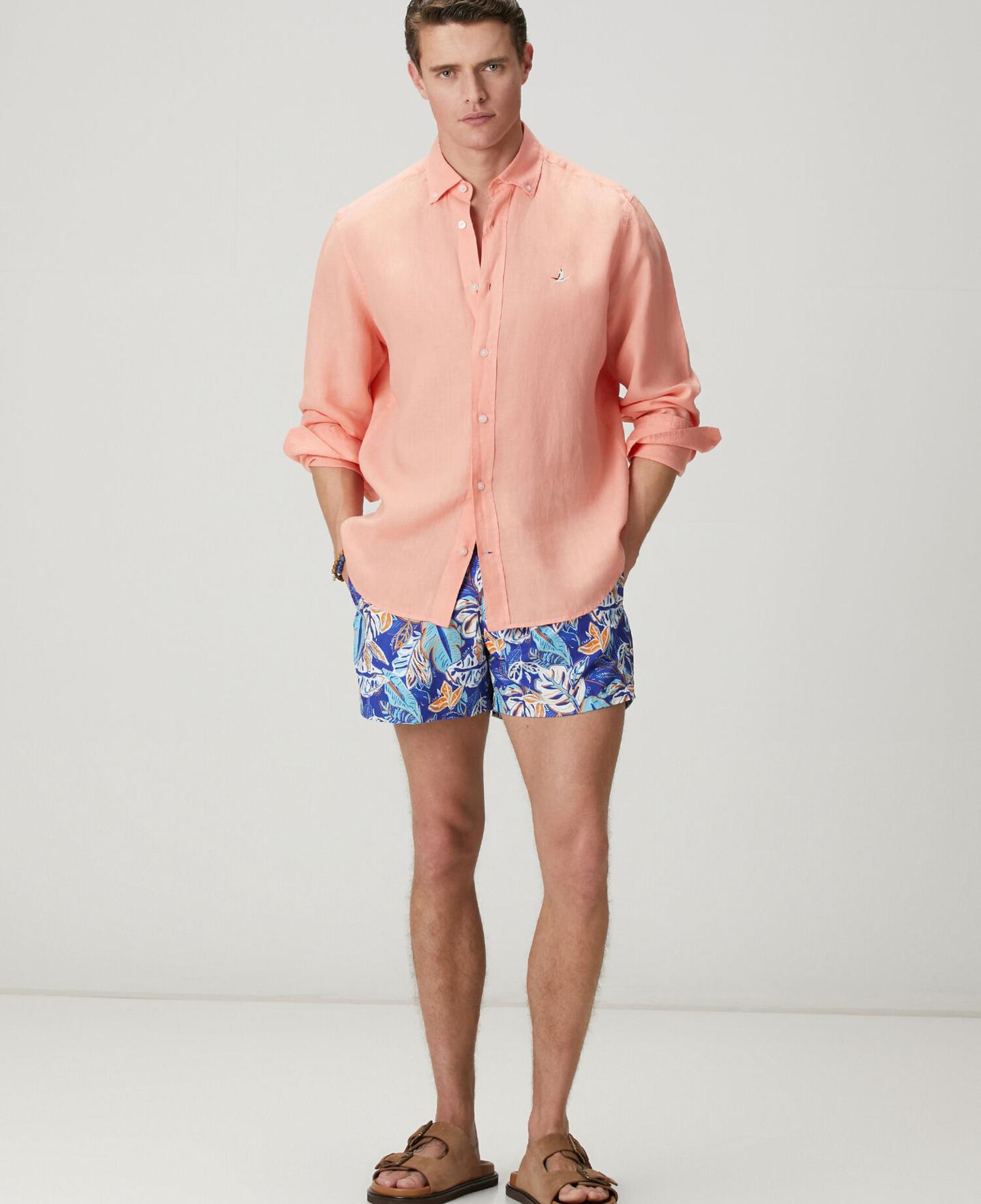 Beymen Club Erkek Mavi Turuncu Çiçek Yaprak Desenli Kısa Mayo