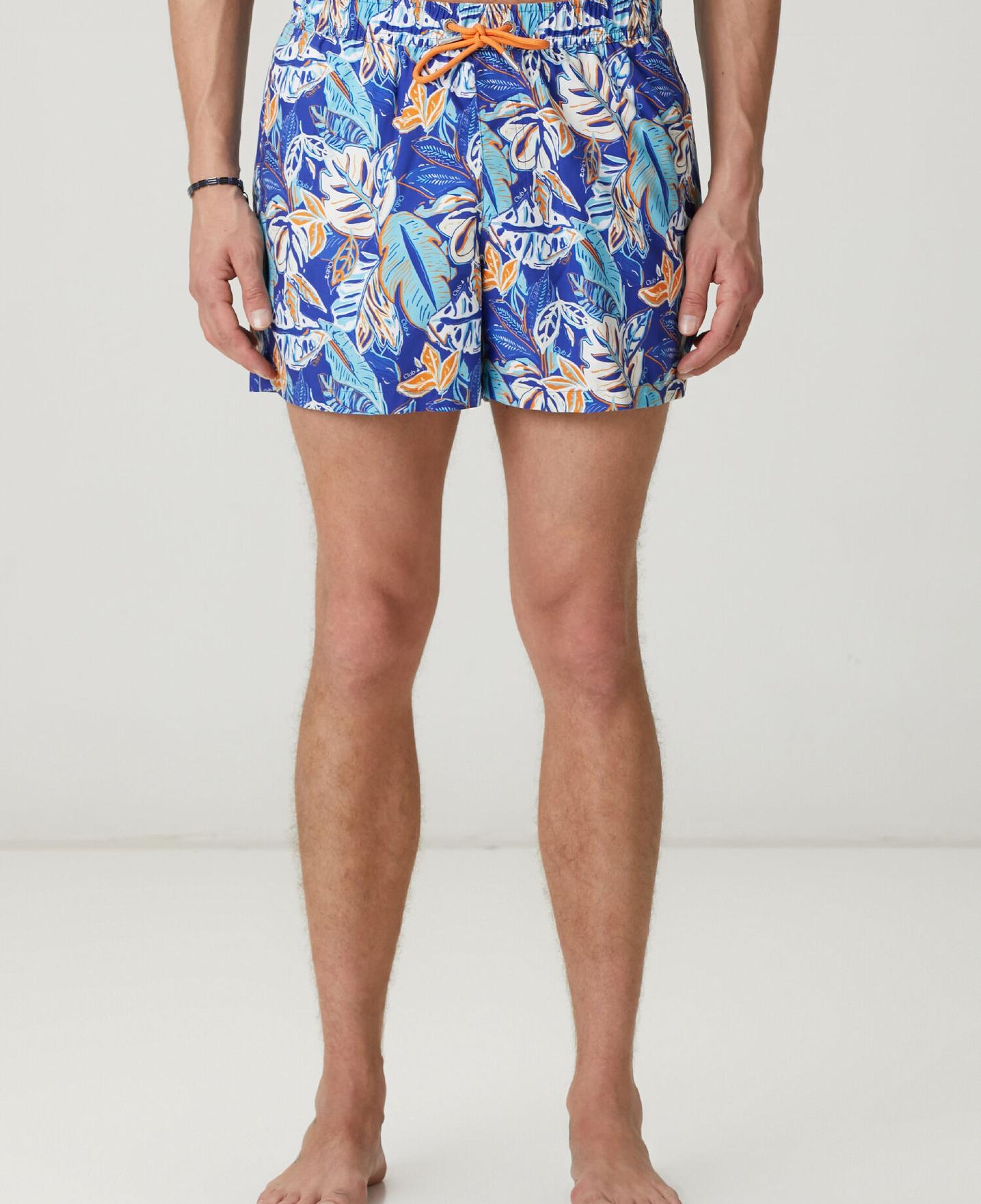 Beymen Club Erkek Mavi Turuncu Çiçek Yaprak Desenli Kısa Mayo