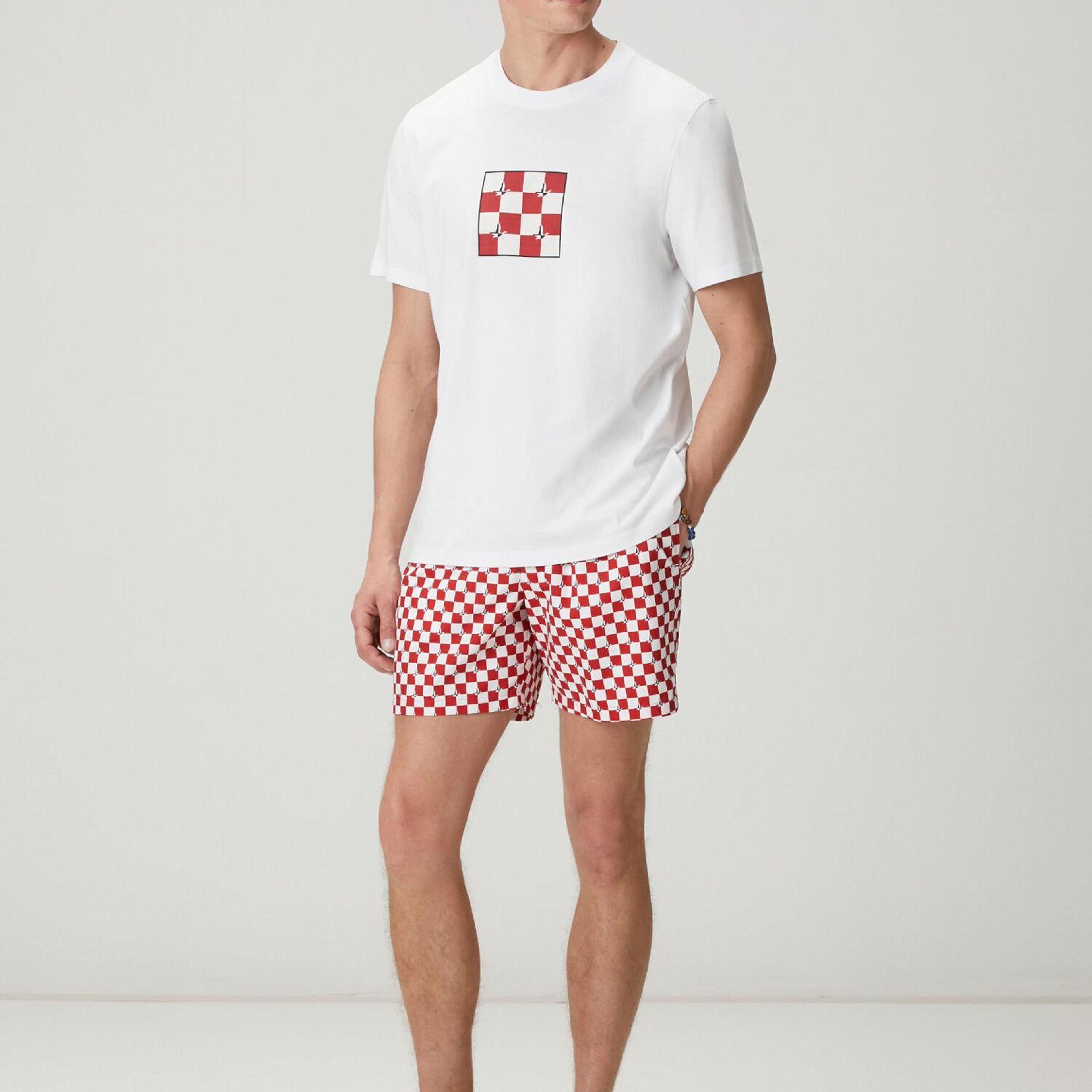 Beymen Club Erkek Kırmızı Beyaz Kaz Dama Desenli Uzun Mayo