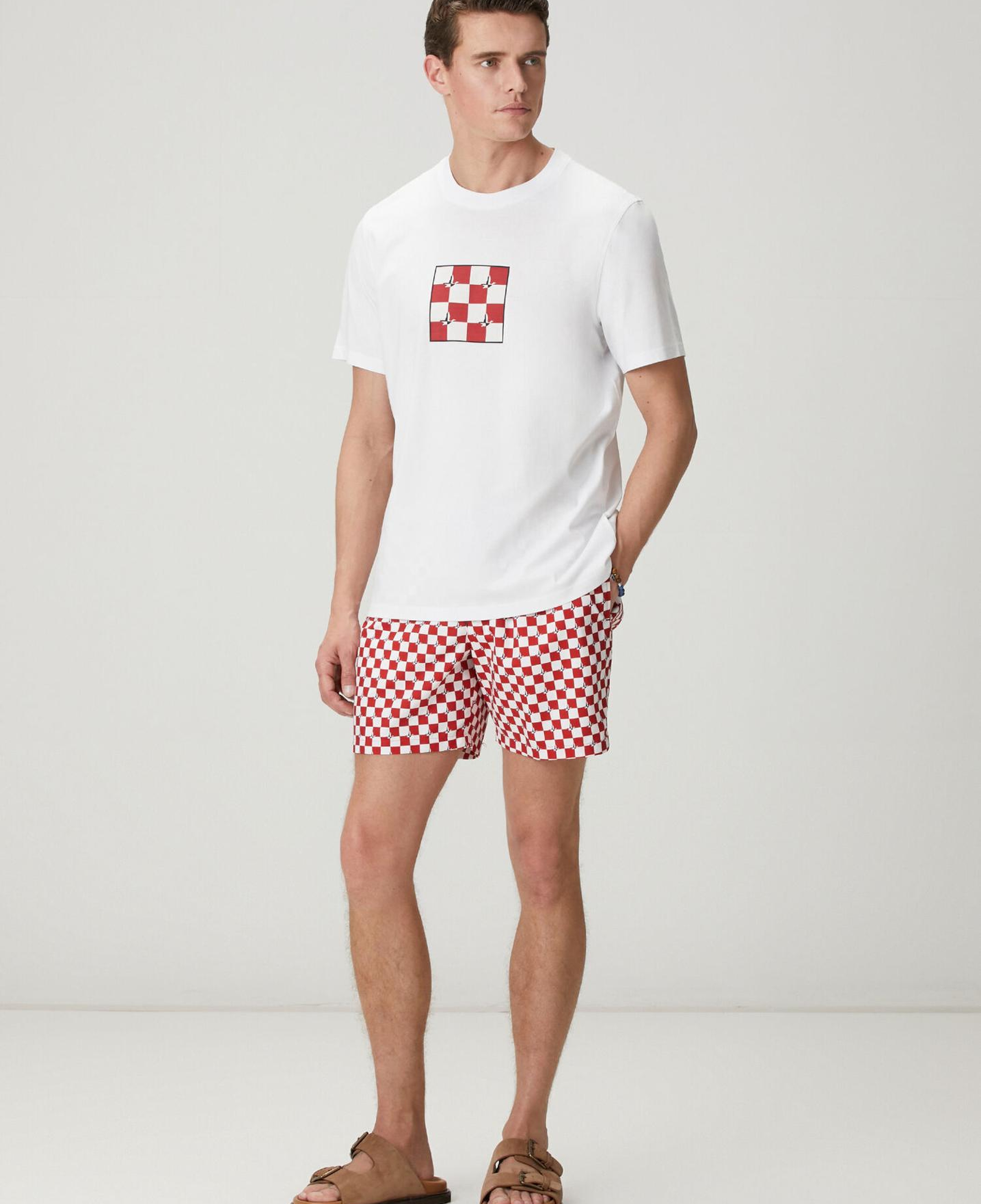 Beymen Club Erkek Kırmızı Beyaz Kaz Dama Desenli Uzun Mayo