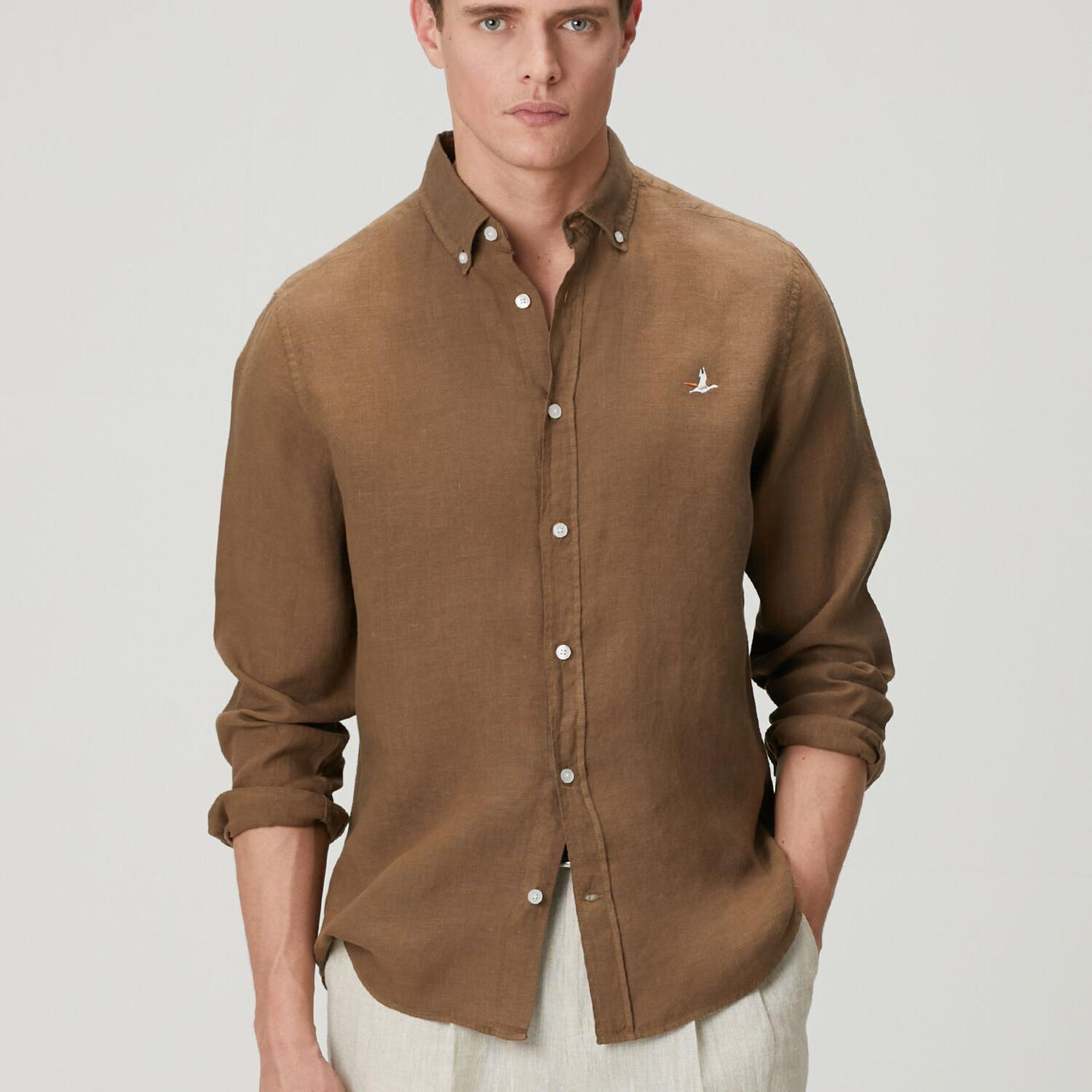 Beymen Club Erkek Comfort Fit Kahverengi Keten Gömlek