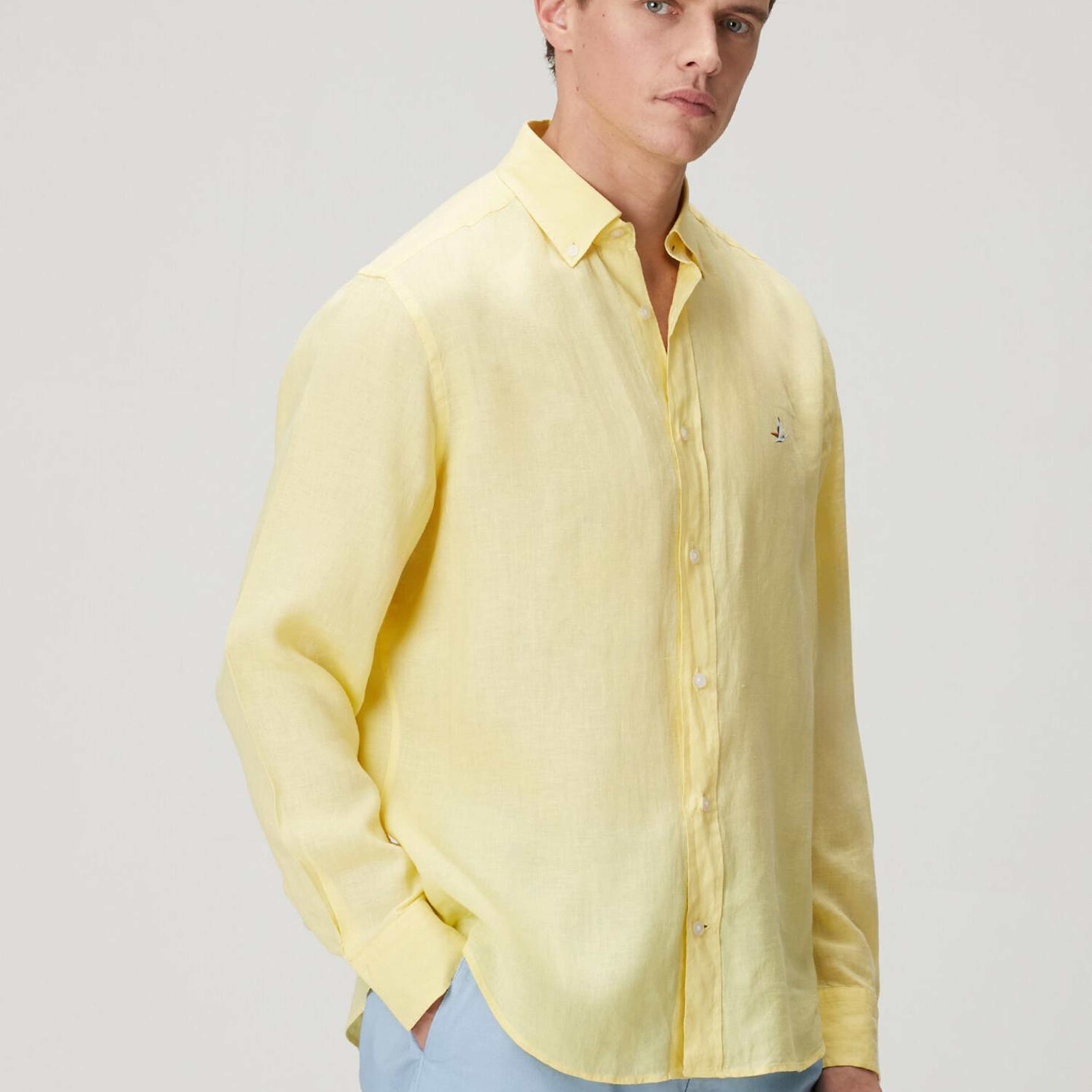 Beymen Club Erkek Comfort Fit Açık Sarı Keten Gömlek