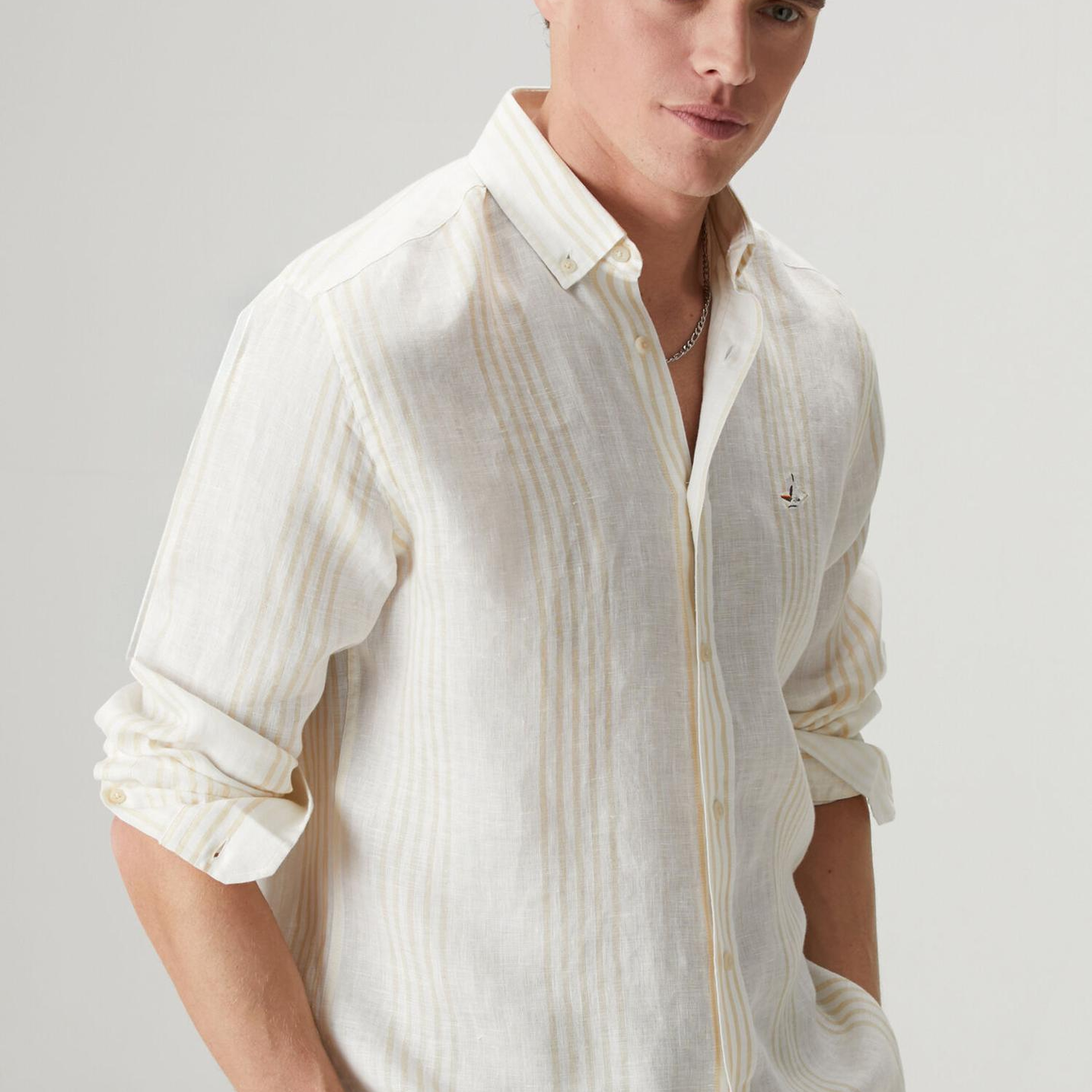 Beymen Club Erkek Comfort Fit Bej Beyaz Çizgili Keten Gömlek