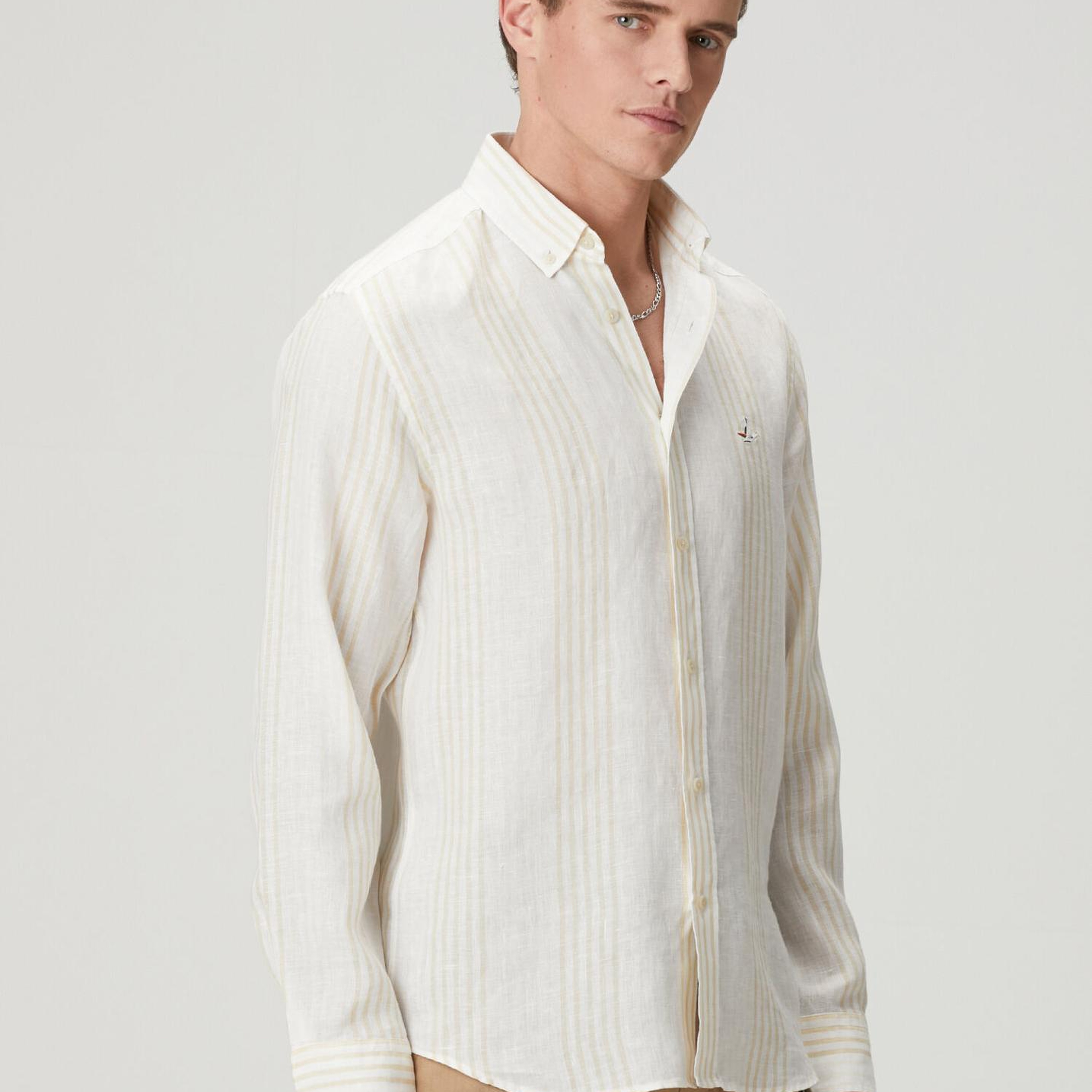 Beymen Club Erkek Comfort Fit Bej Beyaz Çizgili Keten Gömlek